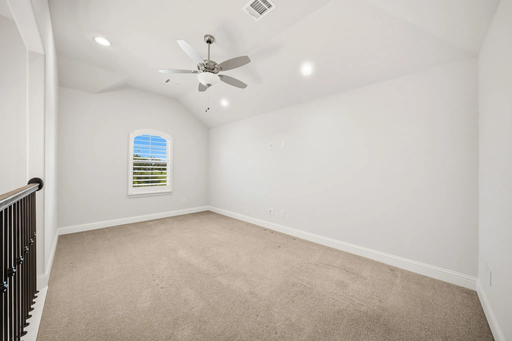Upstairs Living Room room with a vaulted ceiling, recessed lighting, and a contemporary ceiling fan