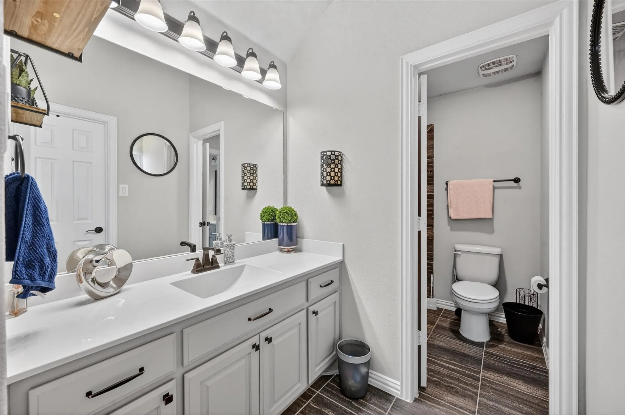 Double vanity with white cabinetry and dark hardware, complemented by a large mirror and overhead lighting