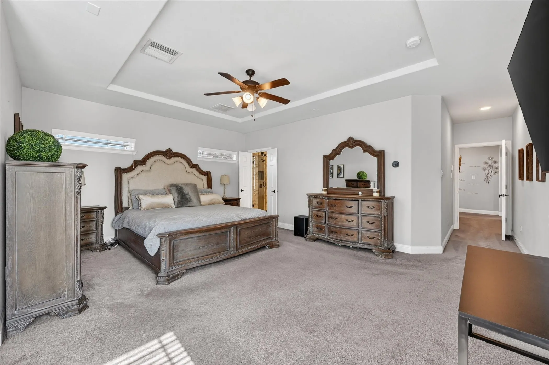 Spacious bedroom featuring a tray ceiling with a ceiling fan, plush grey carpeting, and high transom windows