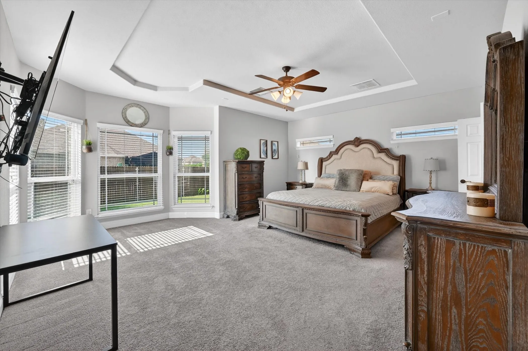 Carpeted room featuring a ceiling fan, tray ceiling, and multiple windows with horizontal blinds