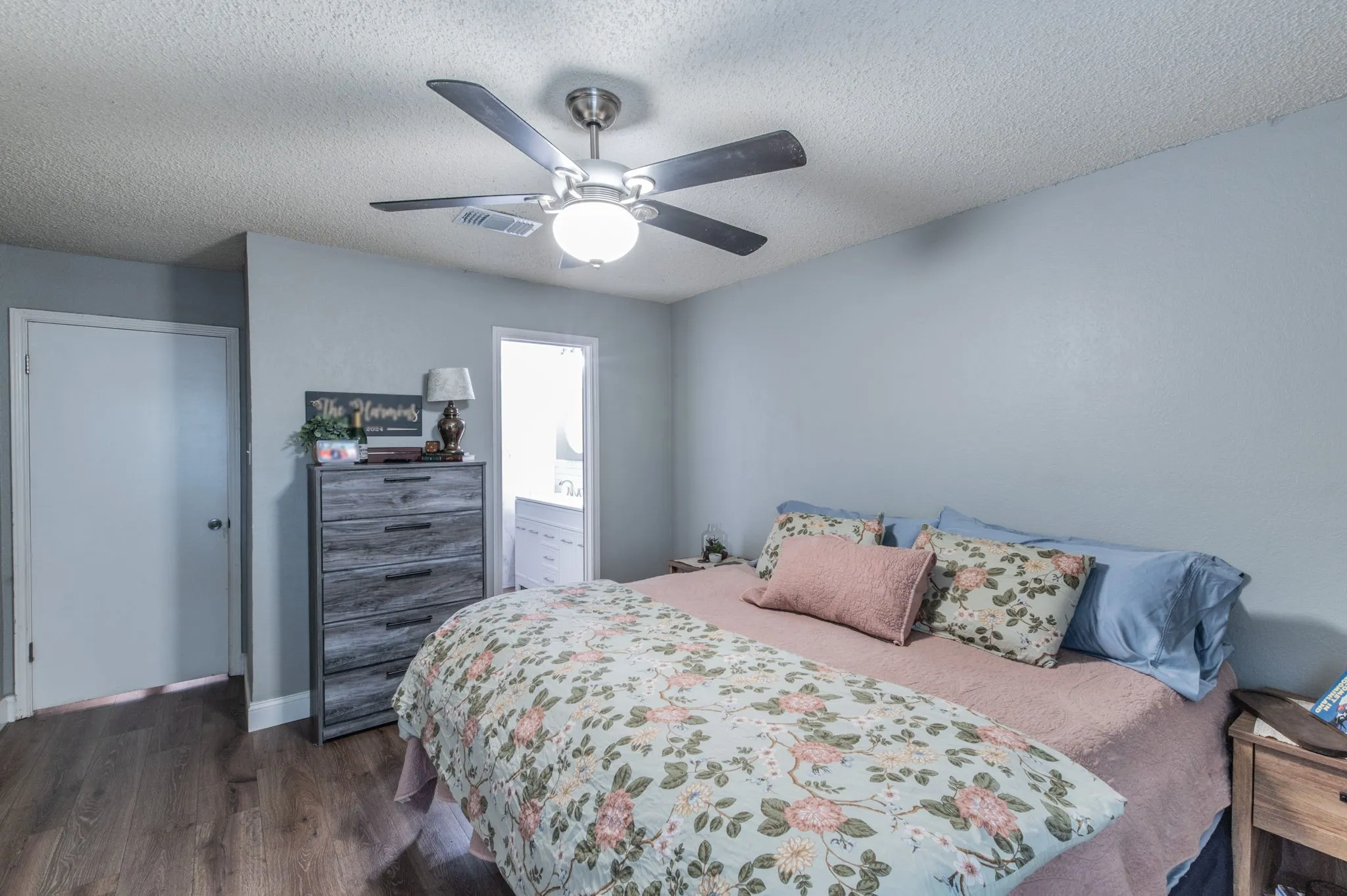 Primary bedroom features a large walk-in closet and is adjacent to the updated bathroom.