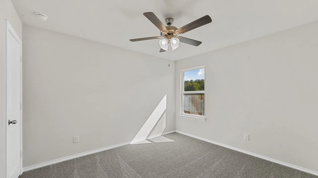 Carpeted room with a ceiling fan light fixture and a double-hung window