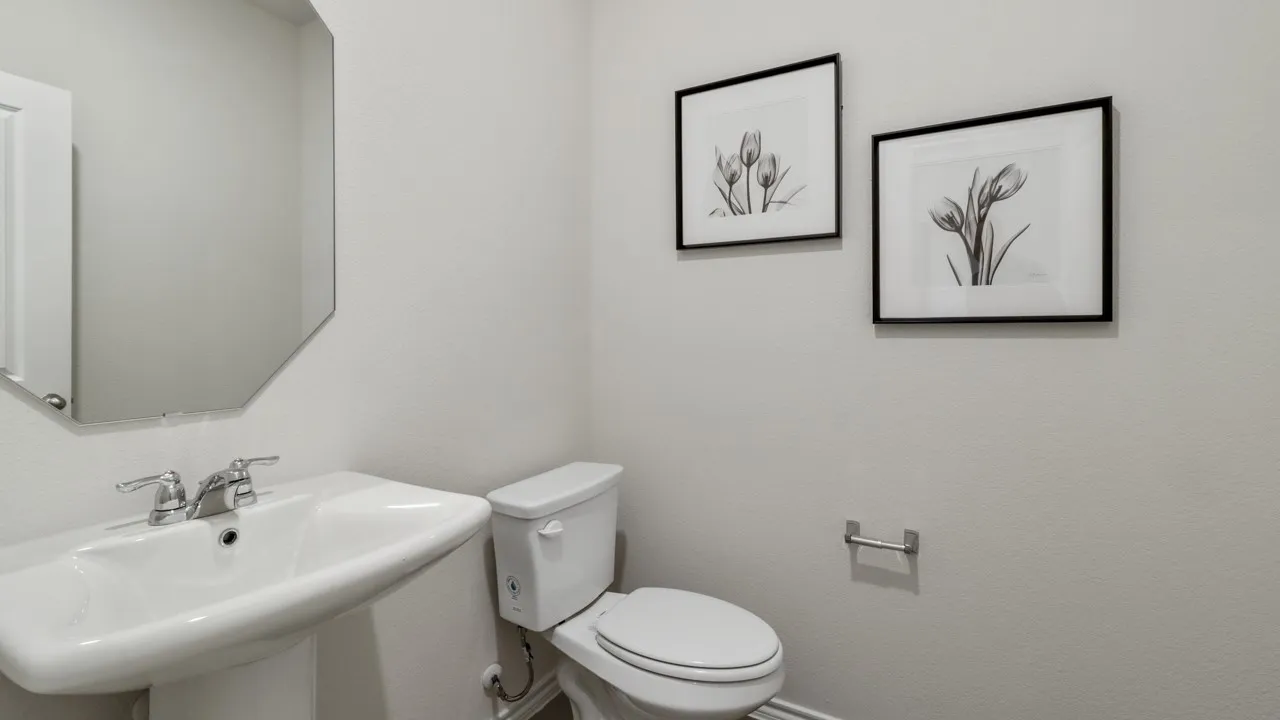 Pedestal sink with chrome faucet hardware, white toilet, and an octagonal wall mirror