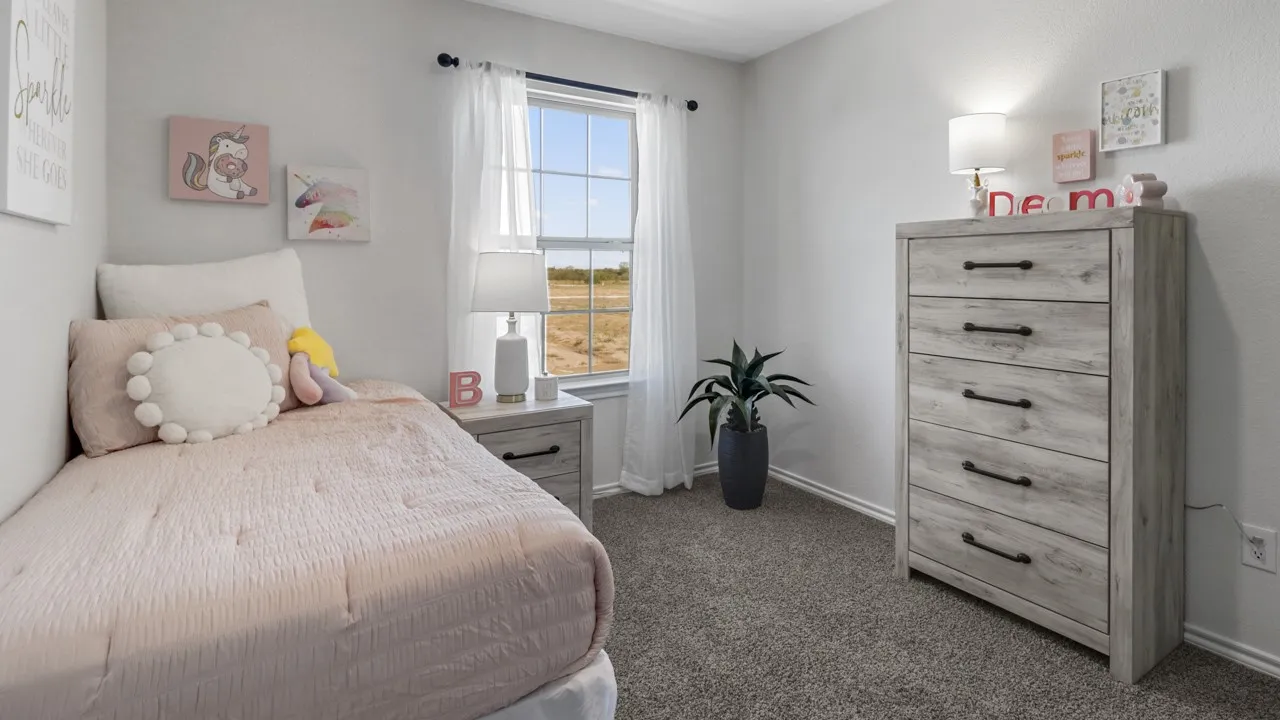Bright room featuring a window with exterior views, light gray walls, and carpet flooring