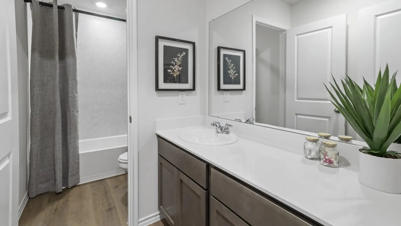 Bathroom featuring a single vanity with an undermount sink, a white countertop, and wood-finish flooring