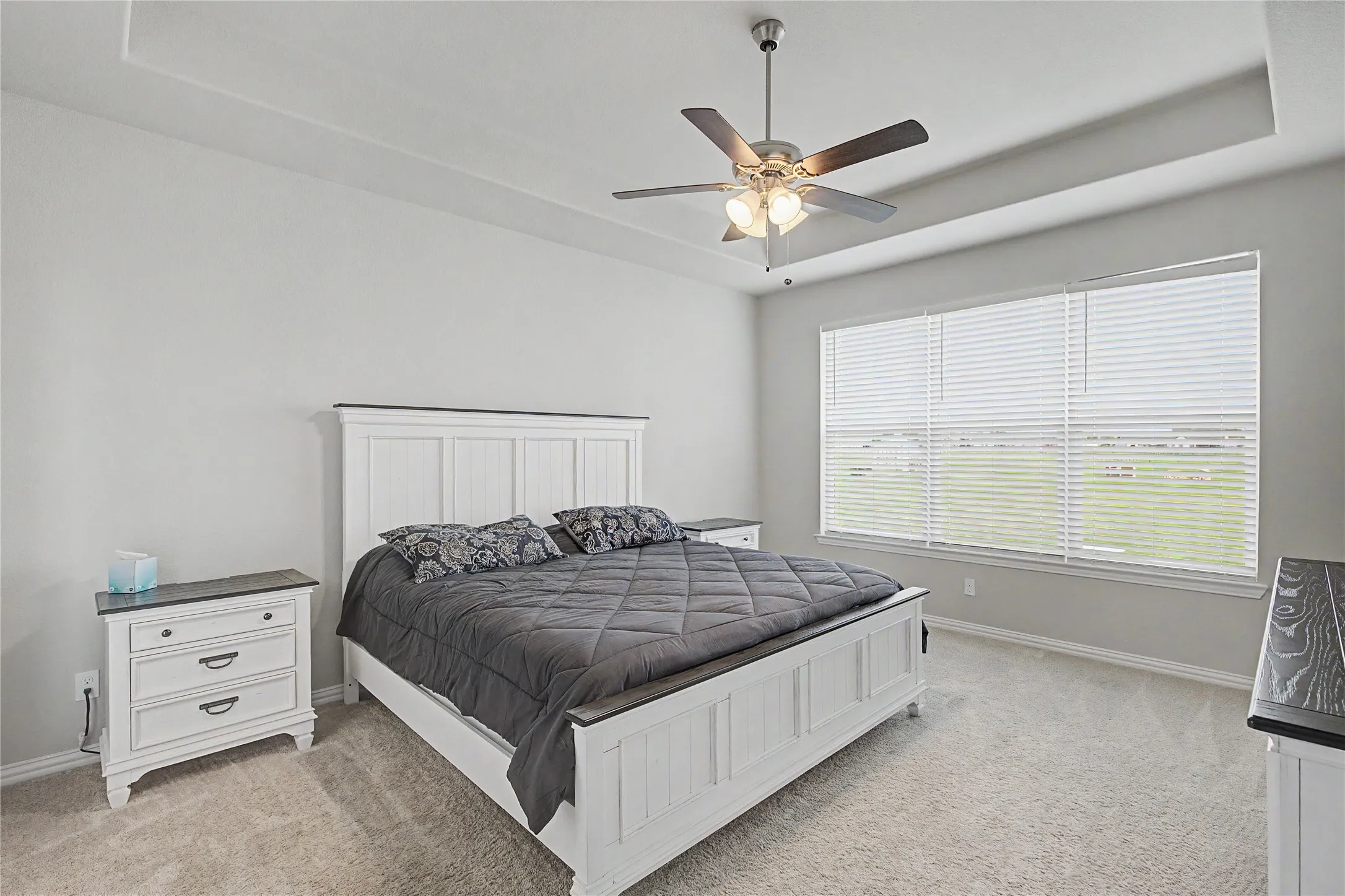 Spacious room featuring a tray ceiling, ceiling fan with integrated lighting, expansive window with horizontal blinds, and neutral carpeting