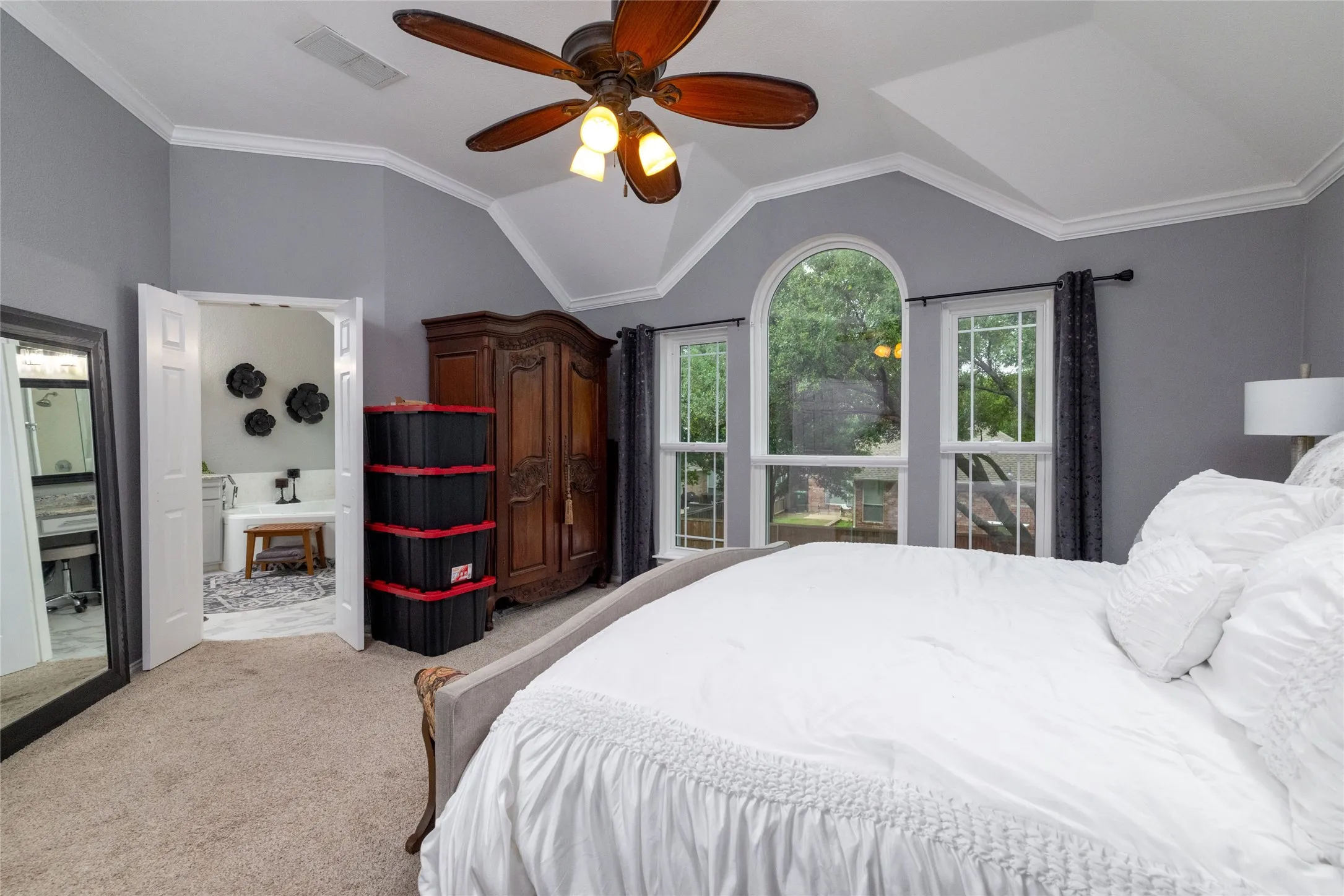 Vaulted ceiling with crown molding, ceiling fan with integrated lighting, arched window, two additional windows with dark drapery, and carpeted flooring