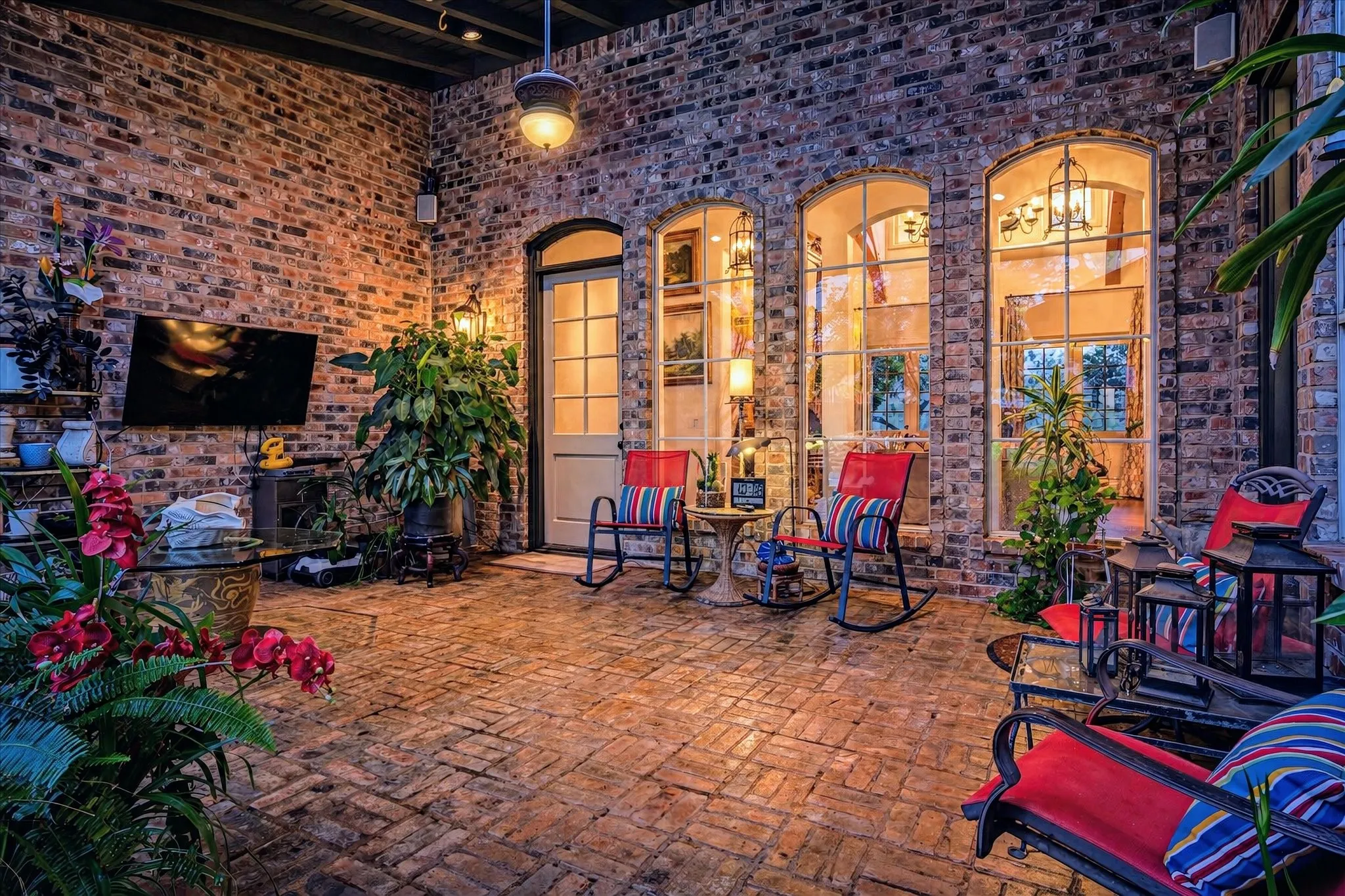 Expansive covered patio with skylights and wooden beams