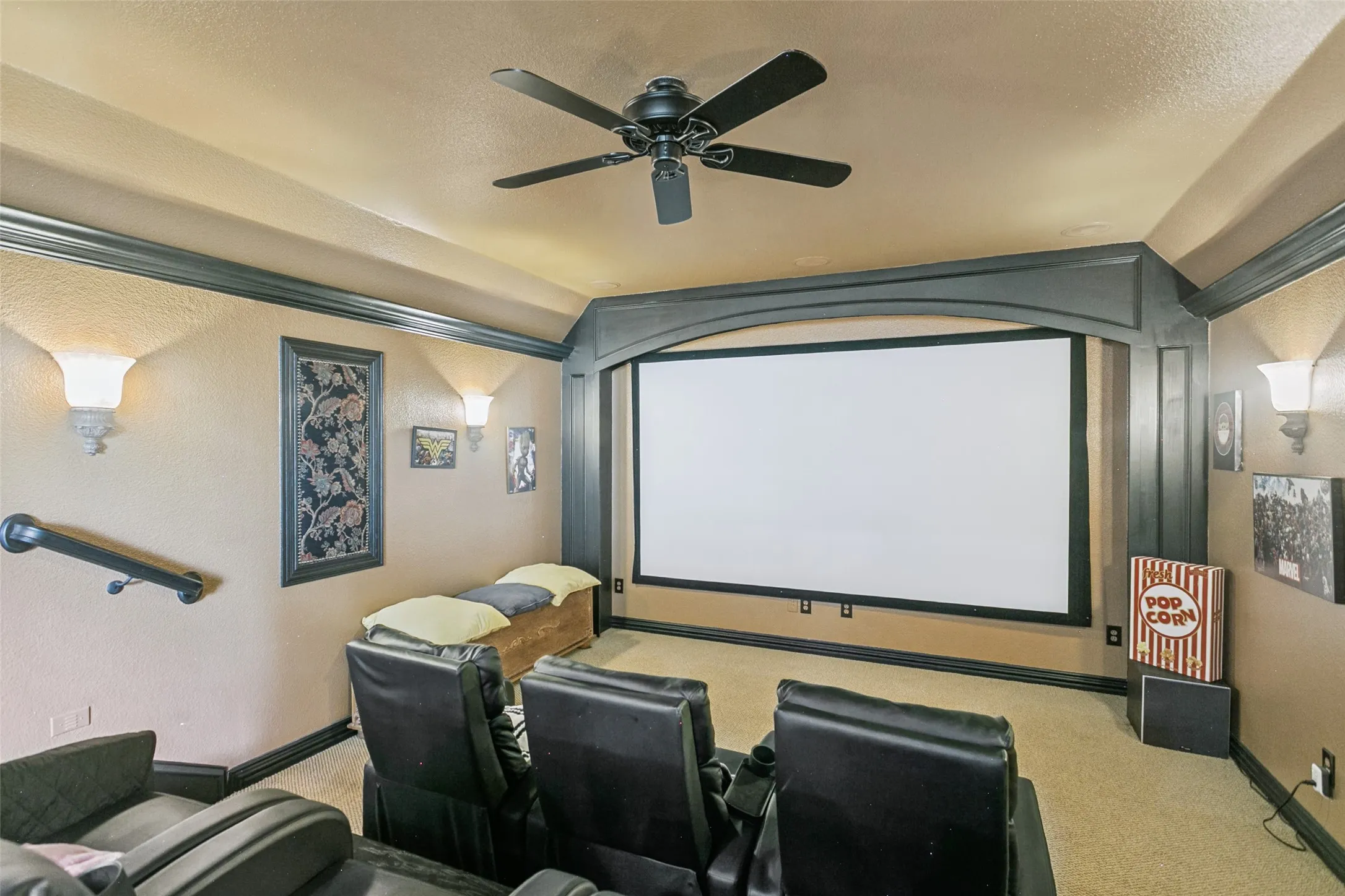 Second Floor Media Home Theater Room with Screen, Stadium Seating and AV Components