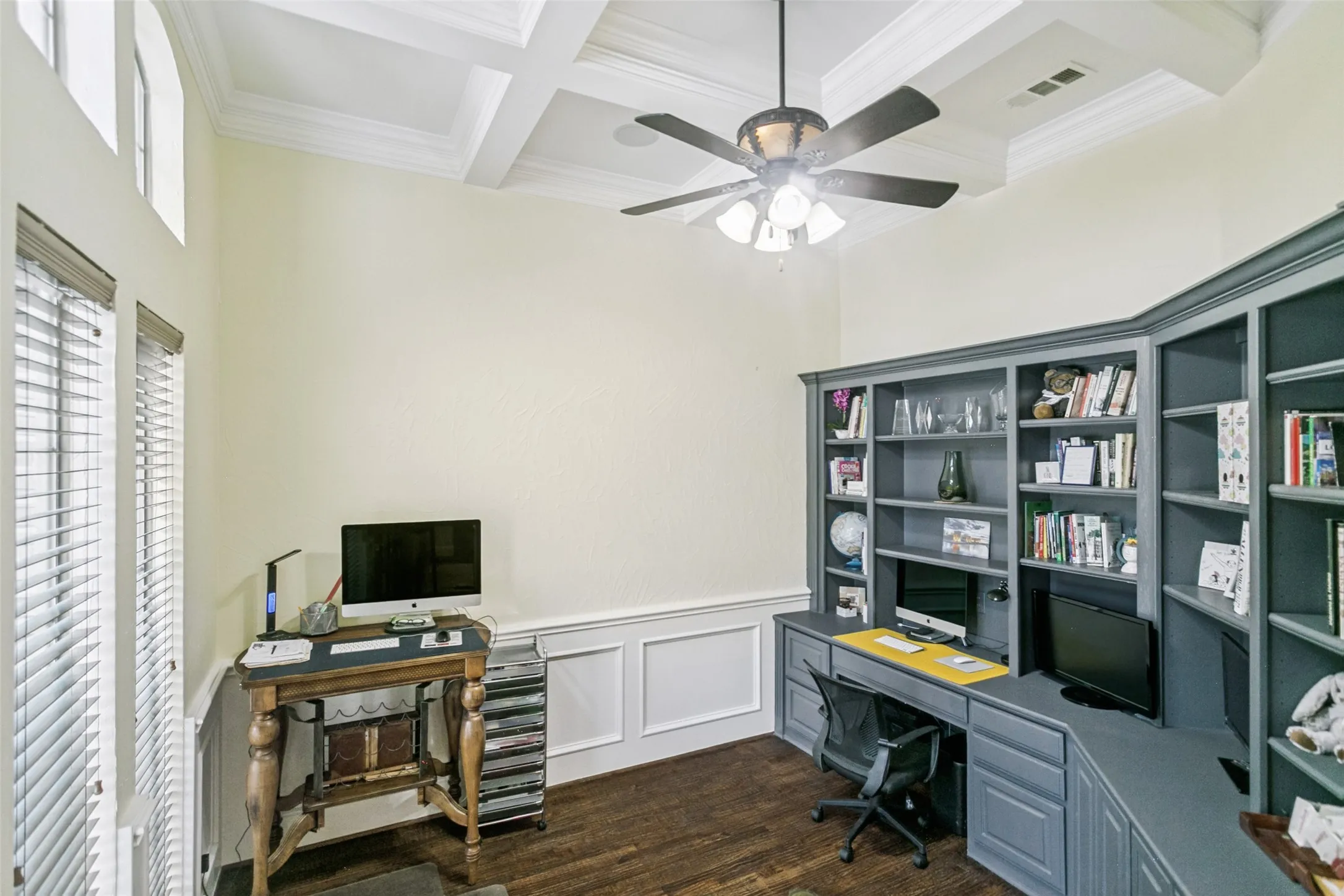 Private Office Study with Built in Cabinets, Desk and Coffered Ceiling