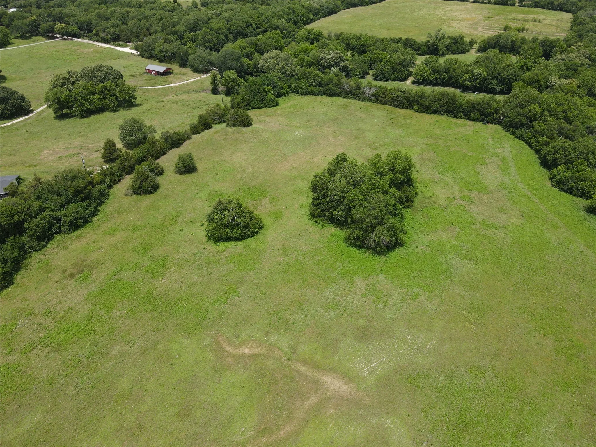 Expansive green acreage with scattered trees and natural landscaping