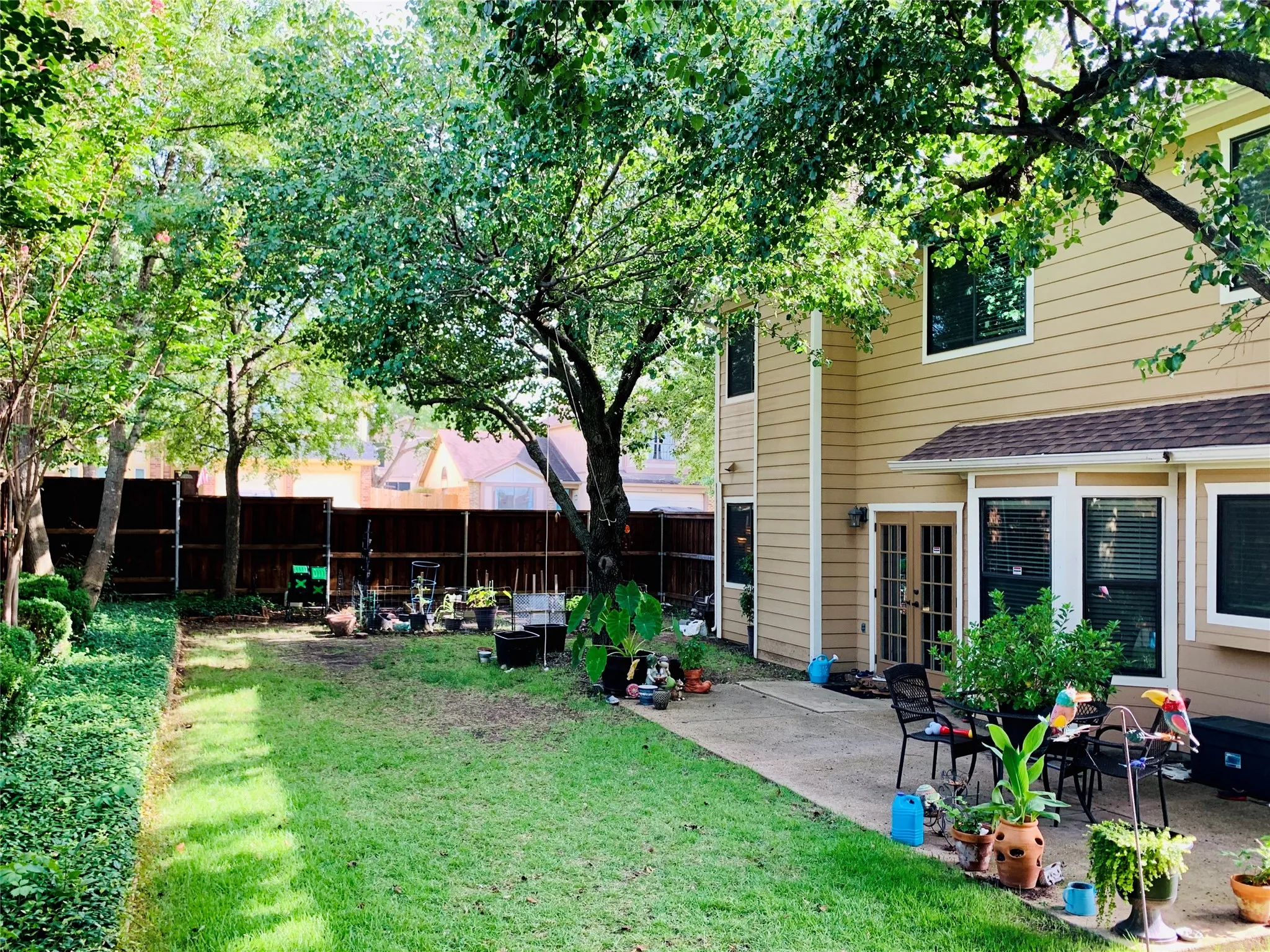 Expansive backyard featuring a concrete patio area, mature trees, manicured hedges, a privacy fence, and multiple window openings with blinds
