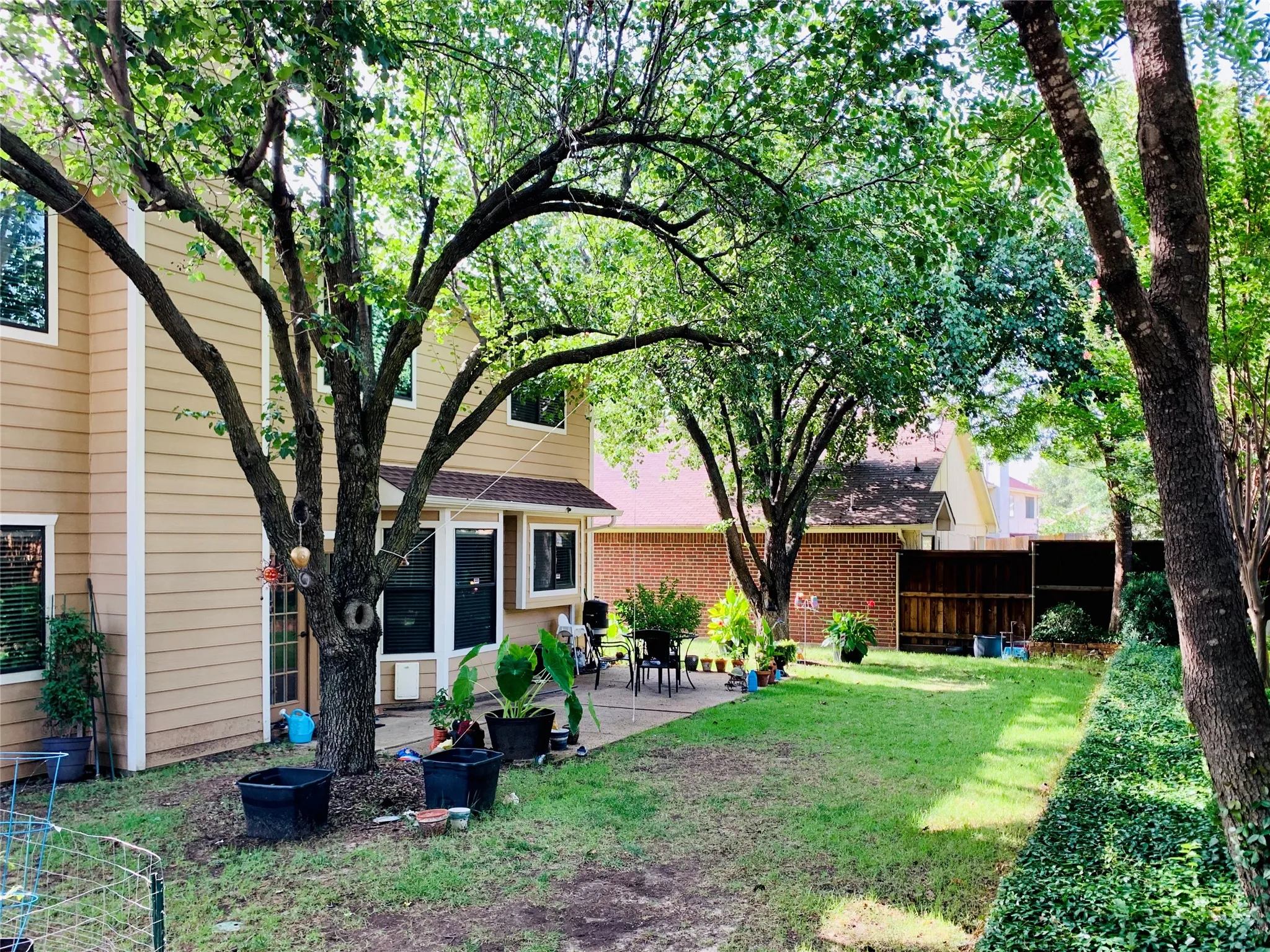 Spacious backyard featuring a manicured lawn, established trees, and a concrete patio area