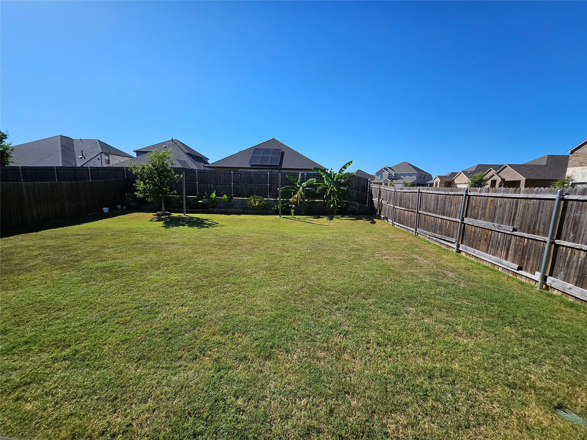 Expansive backyard featuring a large grass lawn, perimeter wood fencing, and mature plantings