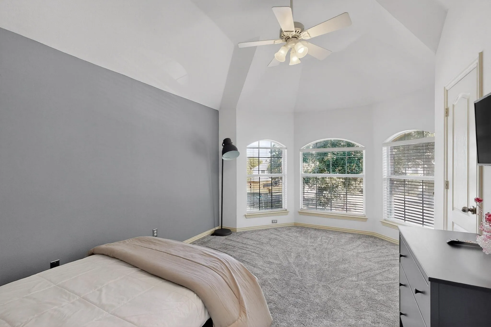 Vaulted ceilings featuring a ceiling fan, three arched windows with blinds, gray wall accent, and gray carpeting