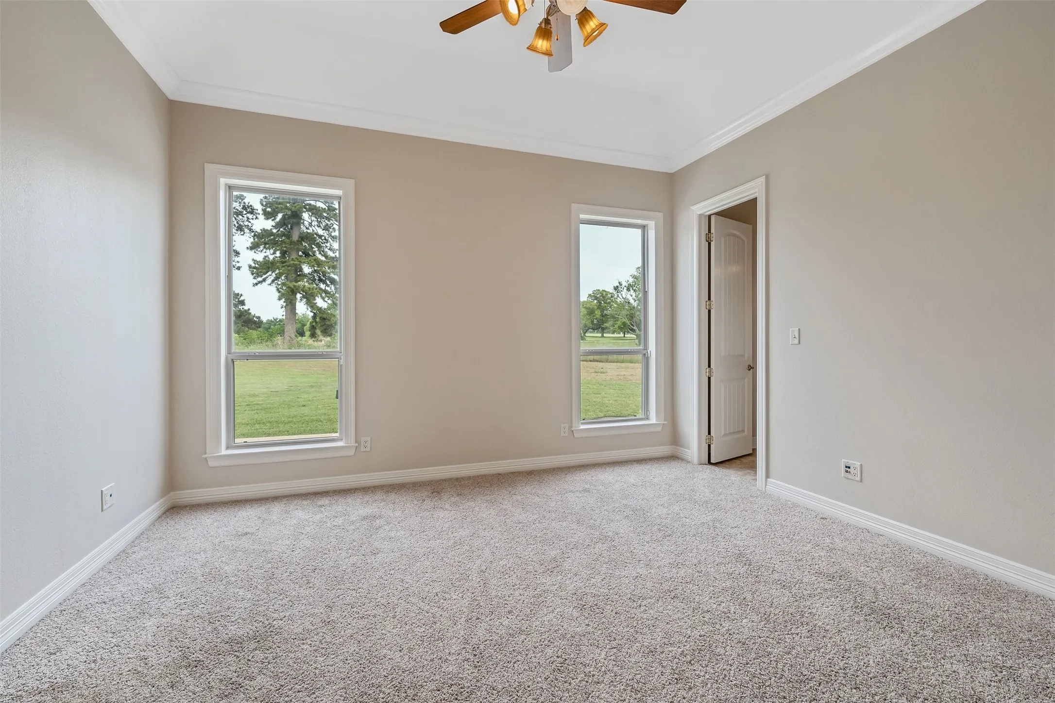 Light-colored broadloom carpet, neutral painted walls, and white crown molding define this room