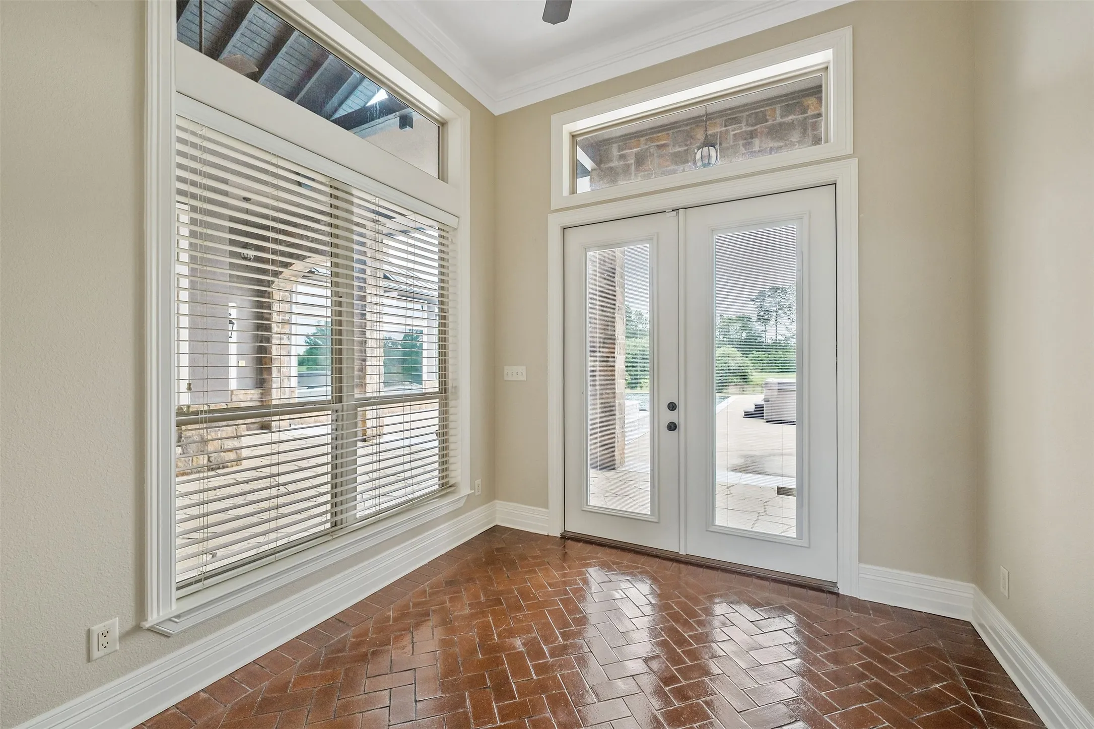 Herringbone-patterned brick flooring