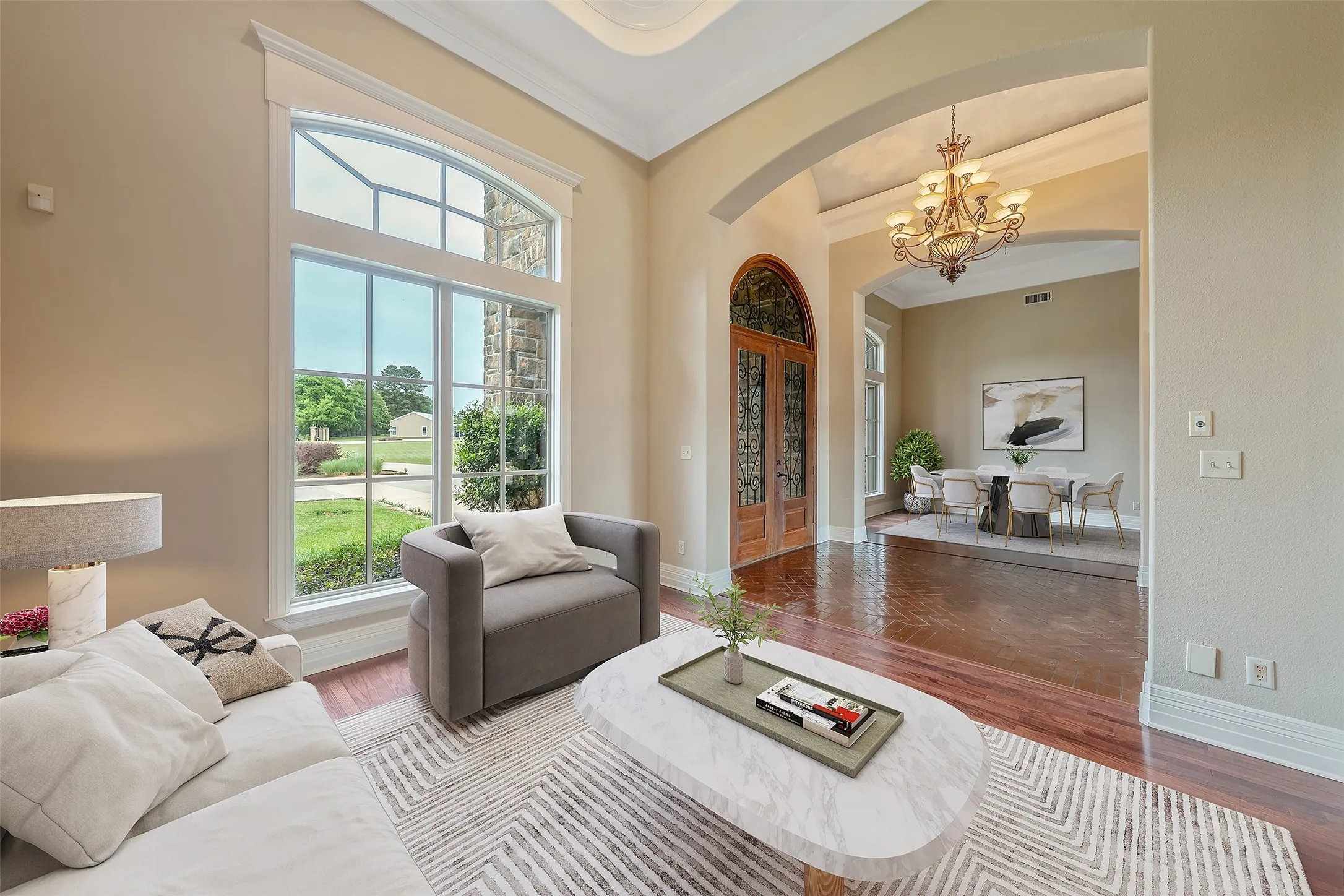 Grand arched entryway leading to dining area