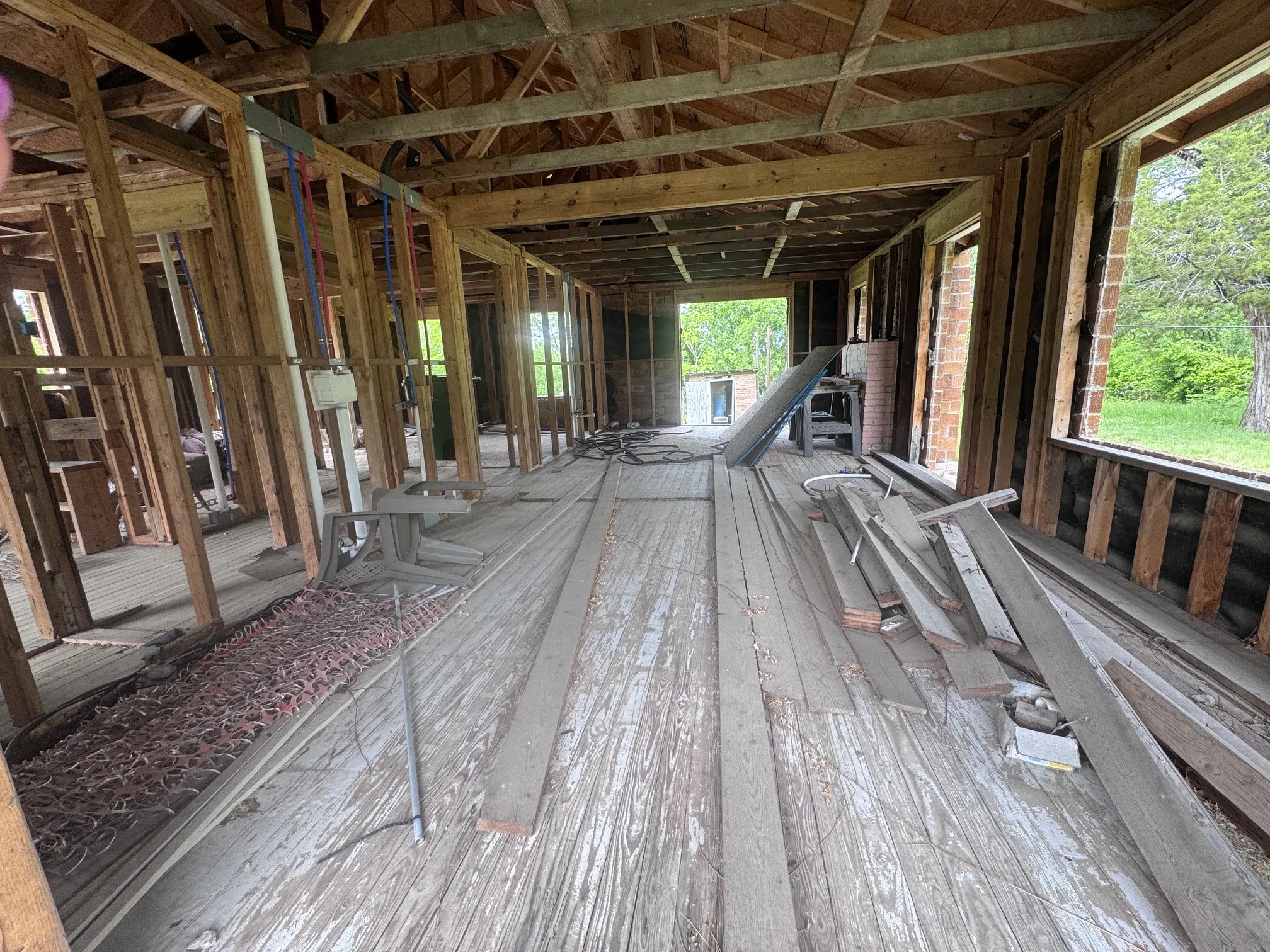 Open interior framing with exposed ceiling beams