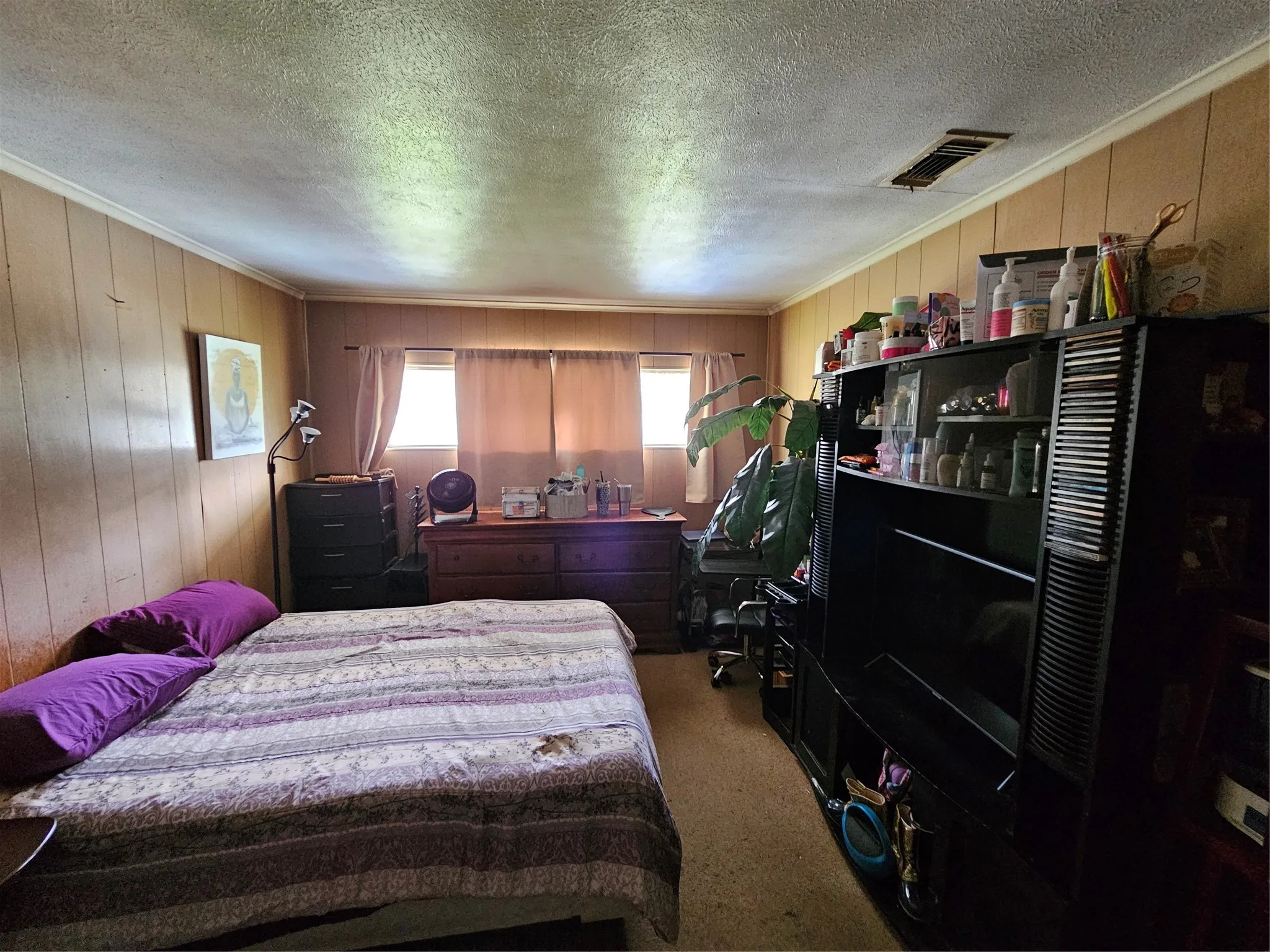 Room featuring wood paneling, textured ceiling, and two windows with light-filtering privacy curtains