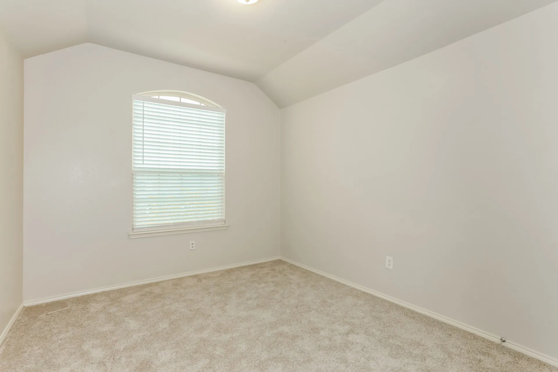 Room featuring a vaulted ceiling and an arched window with blinds