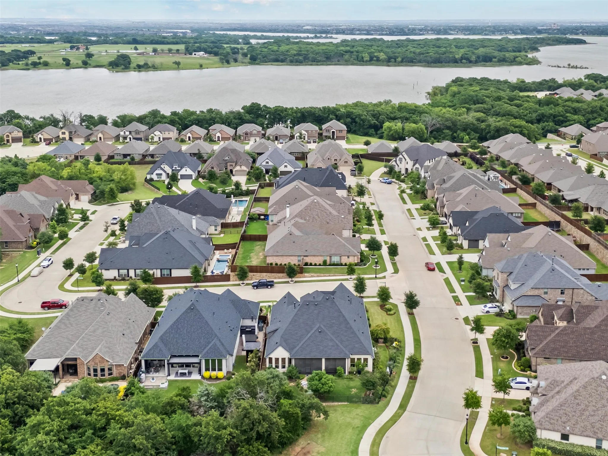 Aerial view of corner lot home right by lake lewisville.