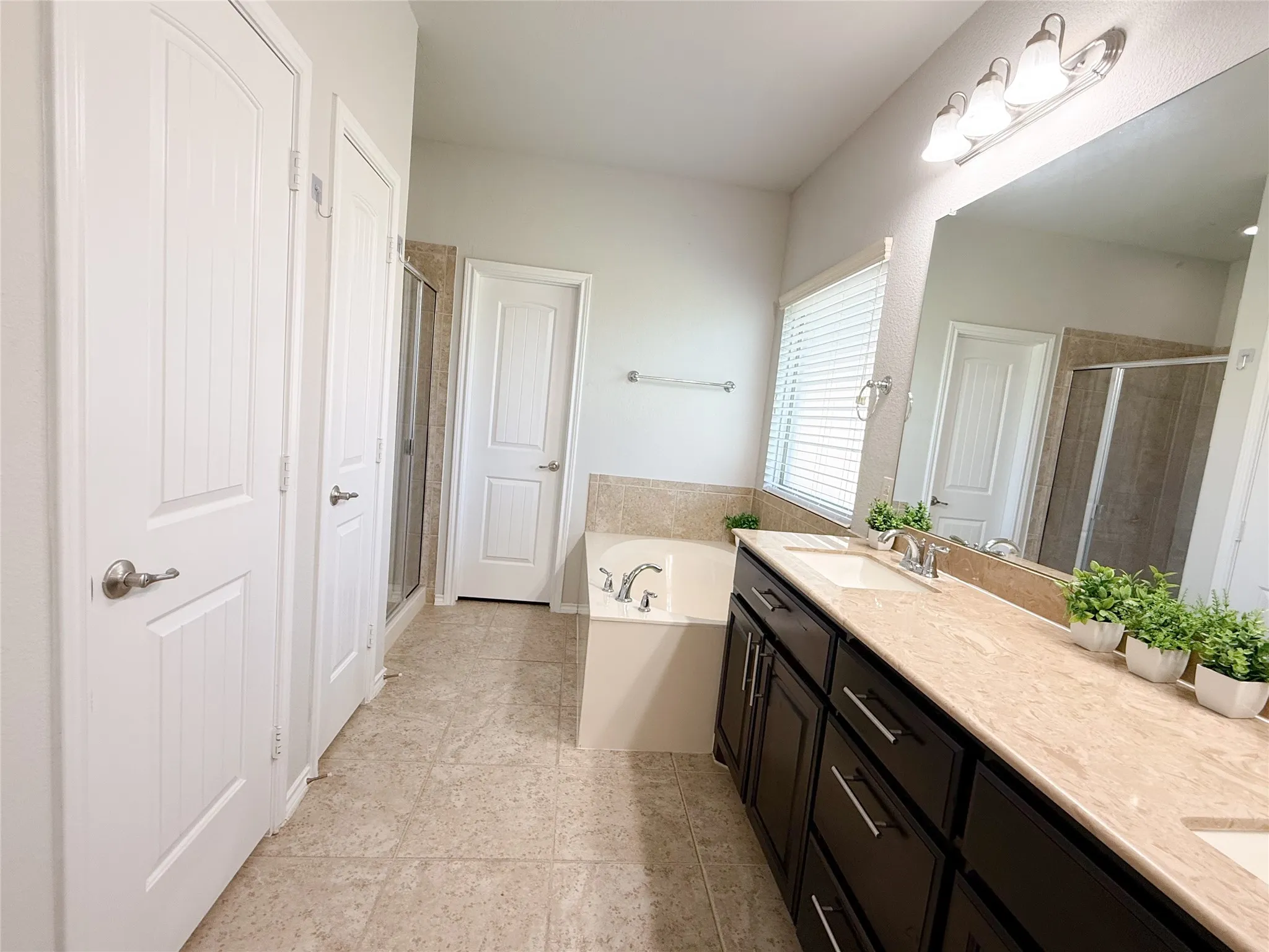 Spacious bathroom featuring a dual vanity with dark wood cabinetry and a light-toned countertop