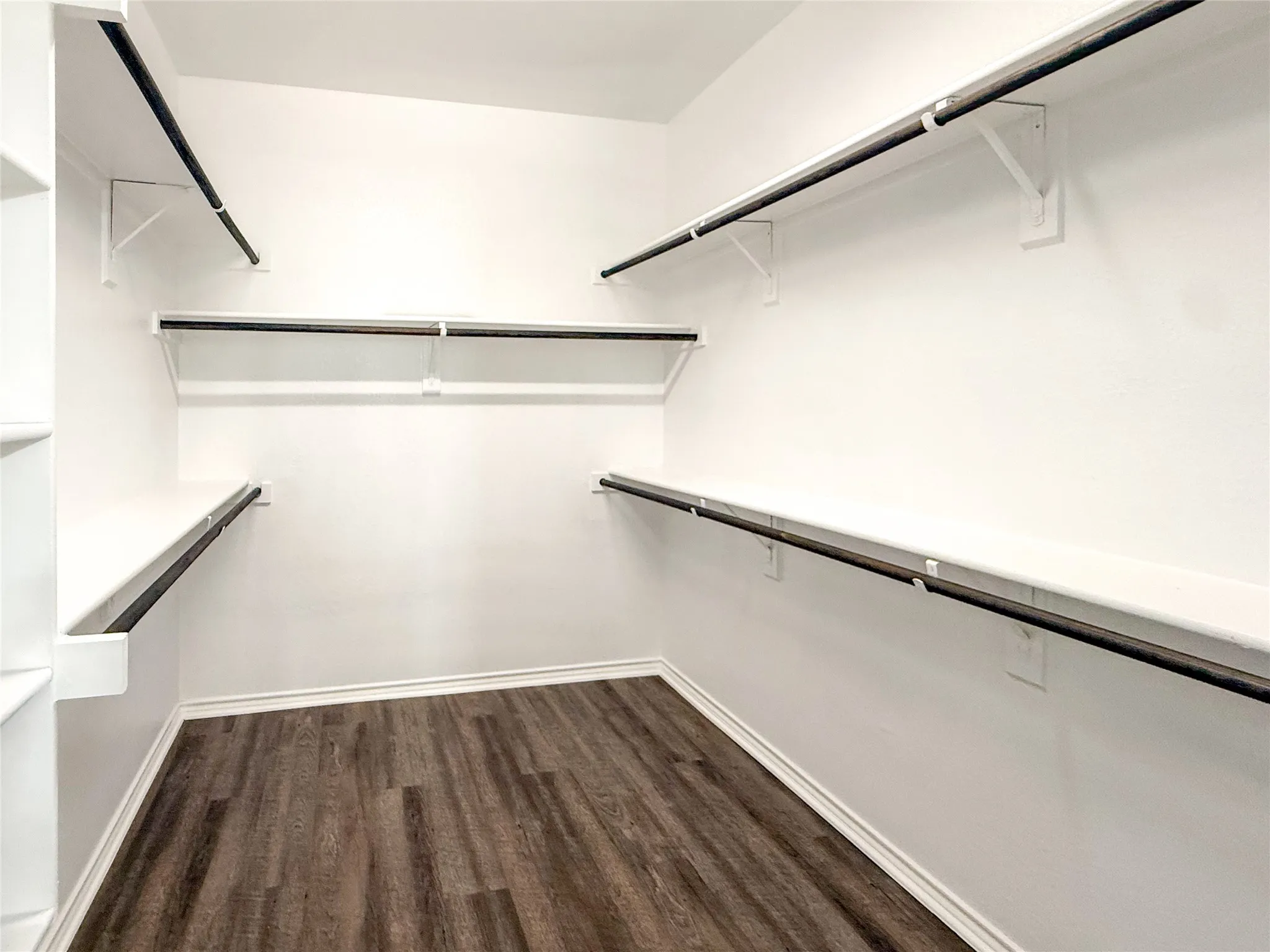 Walk-in closet featuring wood-finish flooring, white baseboards, white walls, and multiple levels of shelving with dark-finish hanging rods