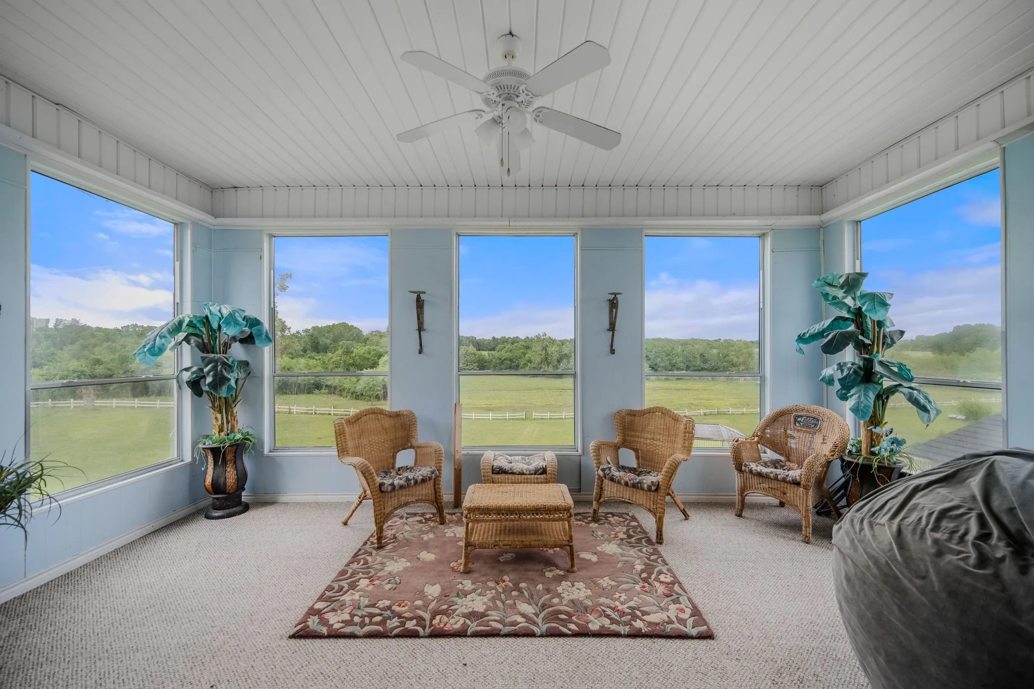 Sunroom featuring multiple large windows, a ceiling fan, and light blue walls