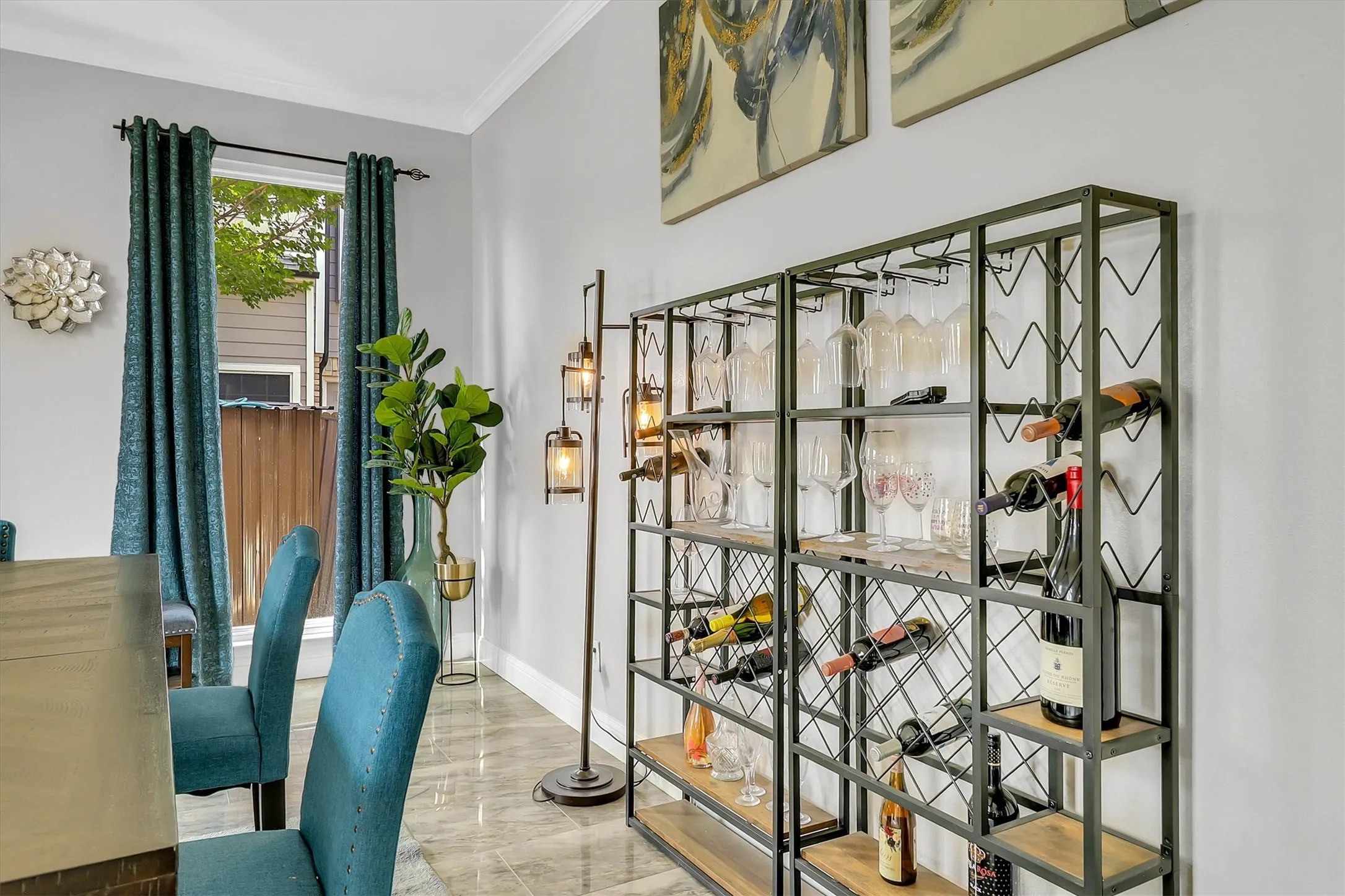 Dedicated display cabinetry featuring a metal frame and wood-finish shelving