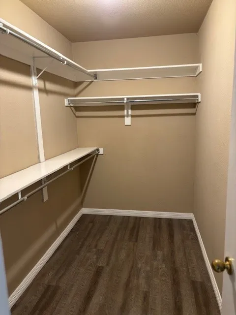 Walk-in closet featuring wood-finish flooring, white baseboards, and built-in white shelving with hanging rods