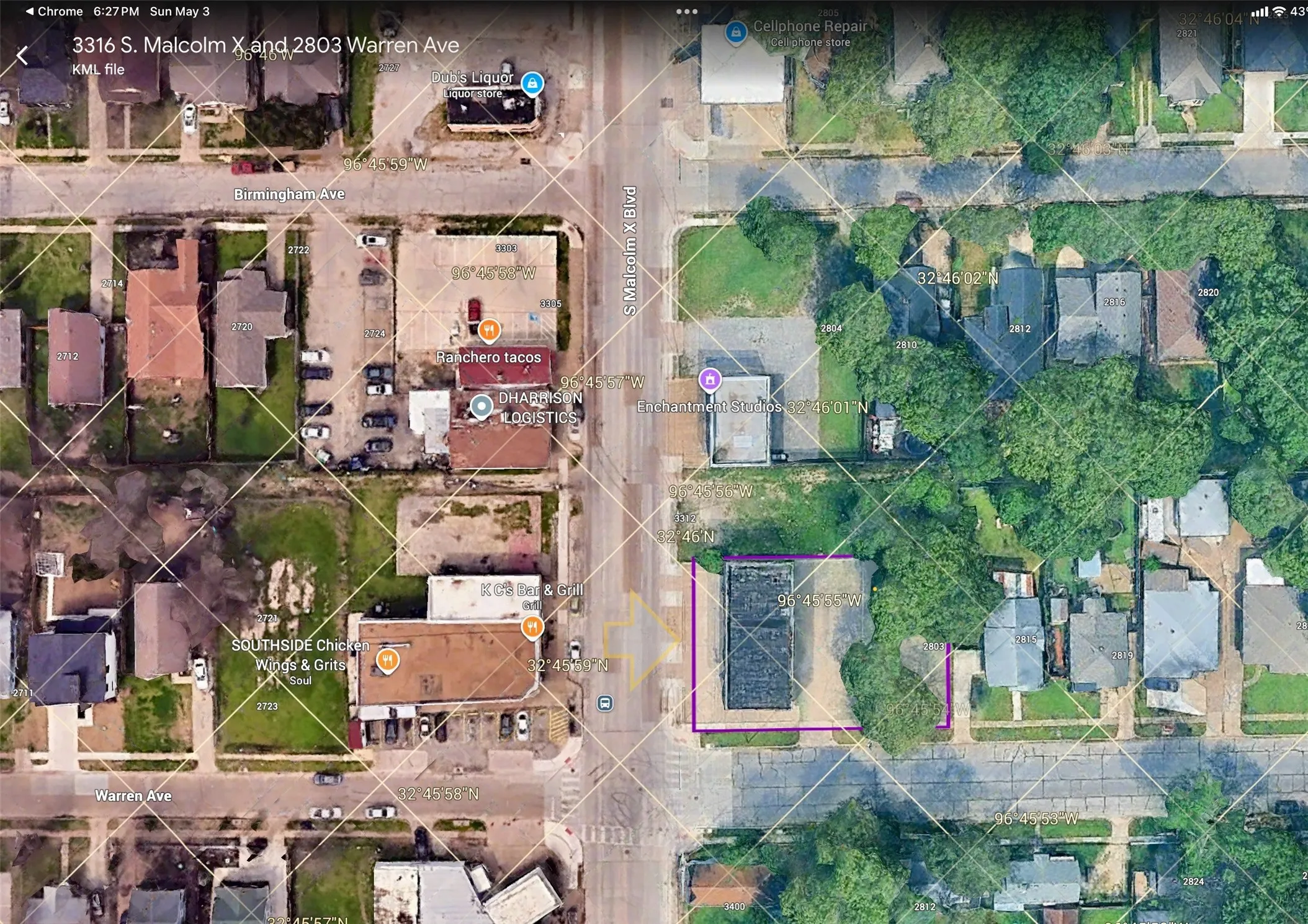 Aerial Map. Displaying property boundaries and surrounding structures