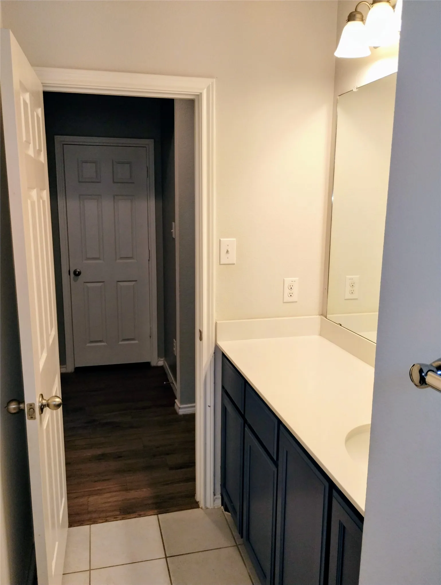 Guest Bathroom featuring vanity and hardwood / wood-style floors. Cabinets are blue accent