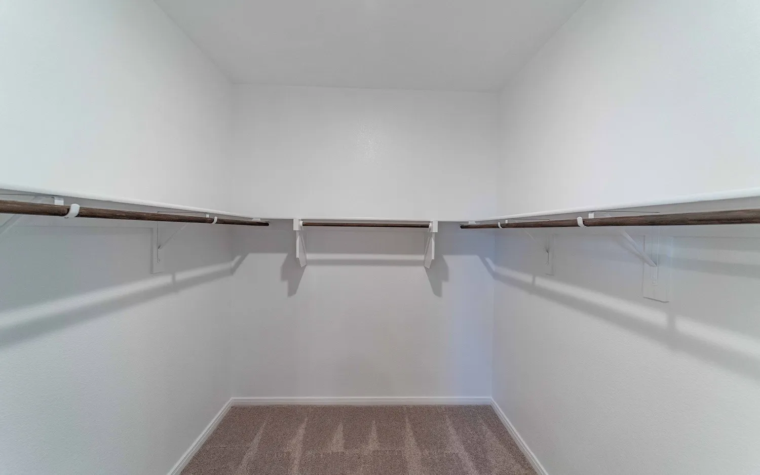 Spacious walk-in closet featuring white walls, light brown carpet, and ample shelving and hanging rods
