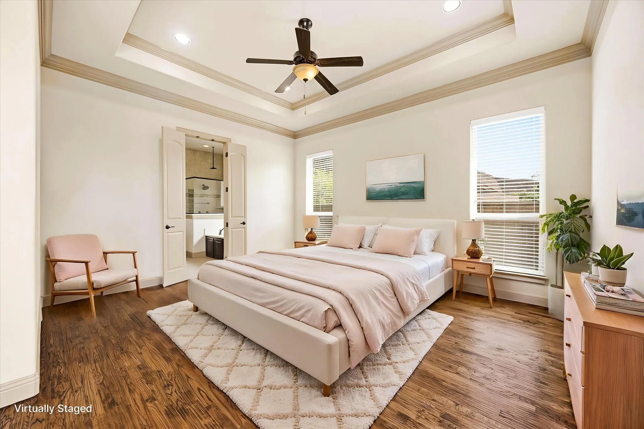 Stunning master bedroom opens onto spa style master bath