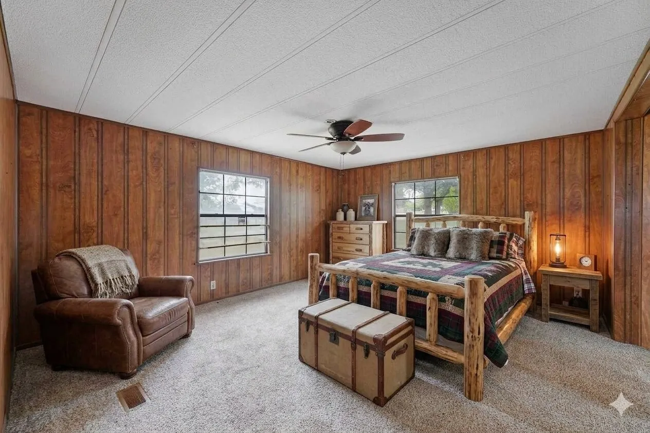 Bedroom featuring wood paneling, two windows with gridded panes, ceiling fan, and carpeted flooring
