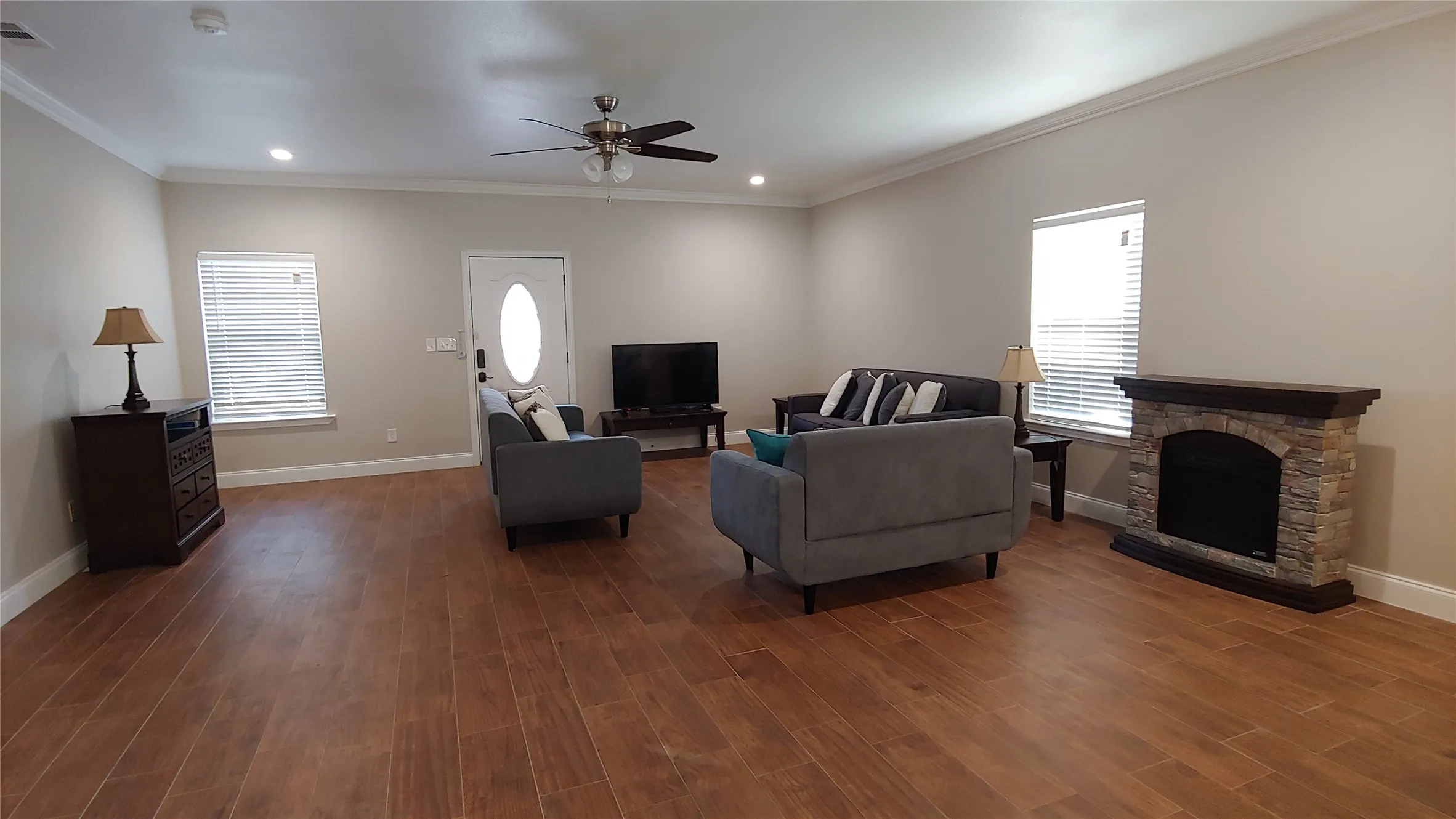 Notice the free standing fireplace.