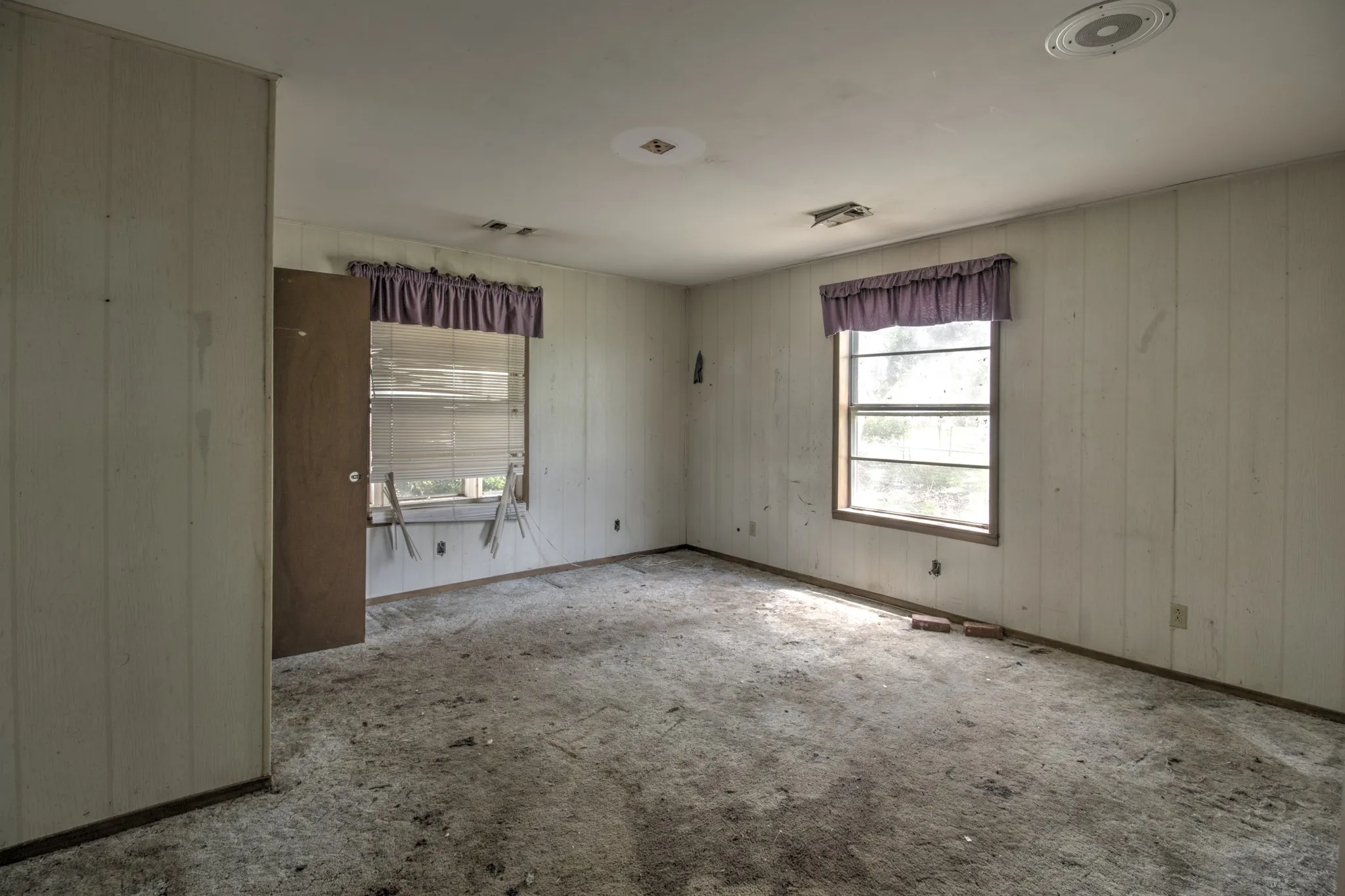 Interior room featuring two windows, vertical paneling, and a flush-mount ceiling light