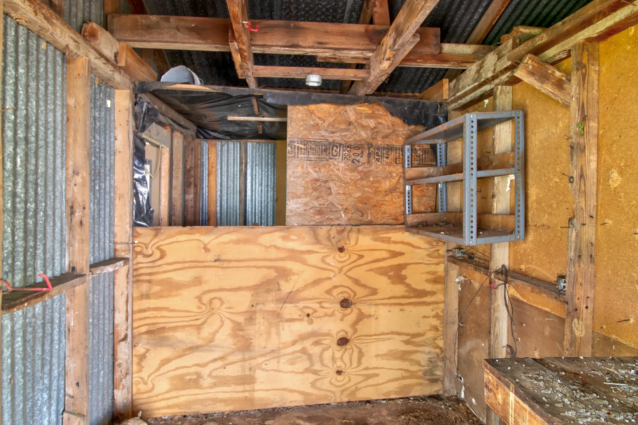 Interior space featuring exposed wood framing, corrugated metal wall panels, and plywood wall sections
