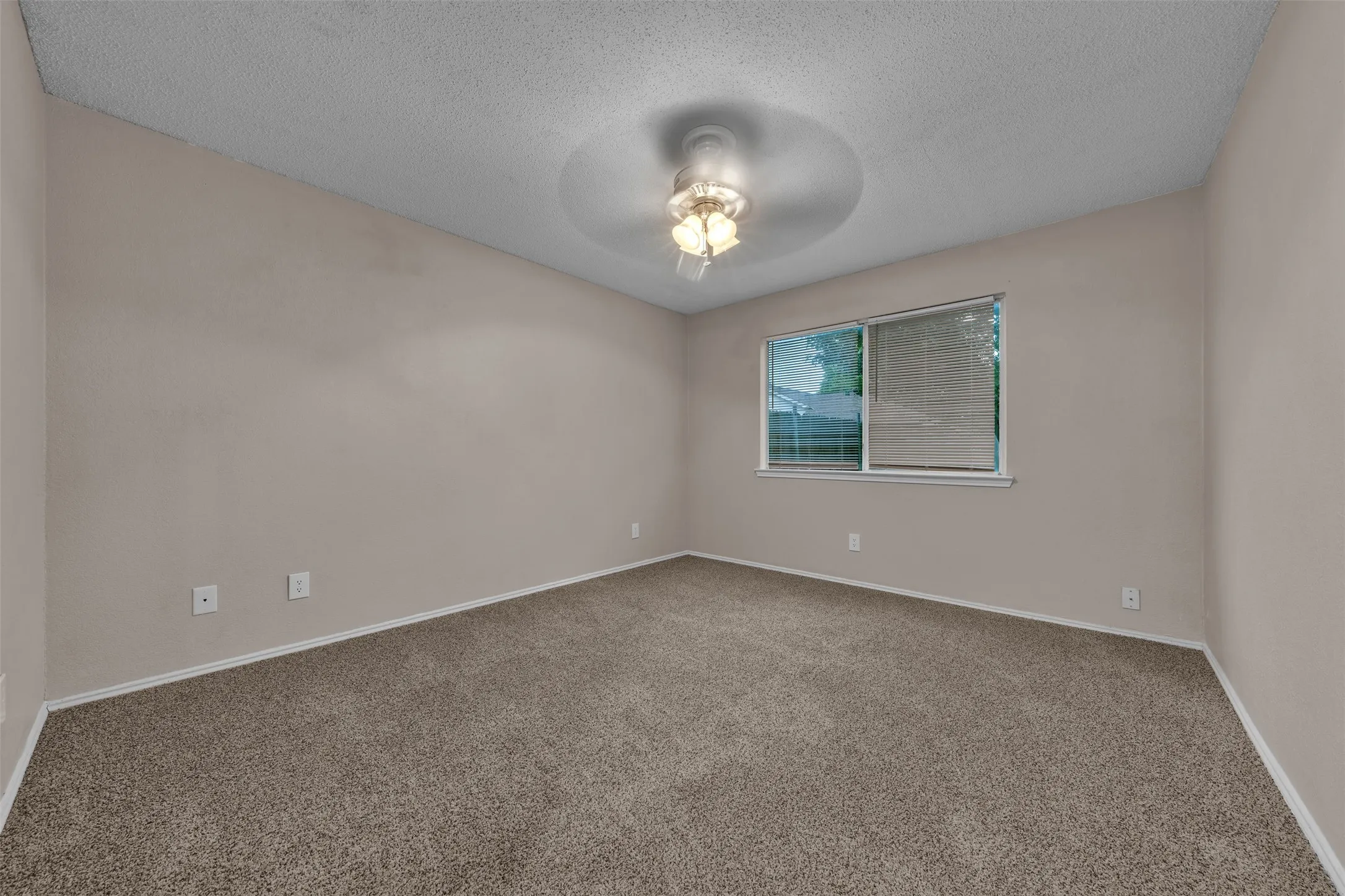 Spacious room featuring neutral carpeting, light-toned walls, and a ceiling fan