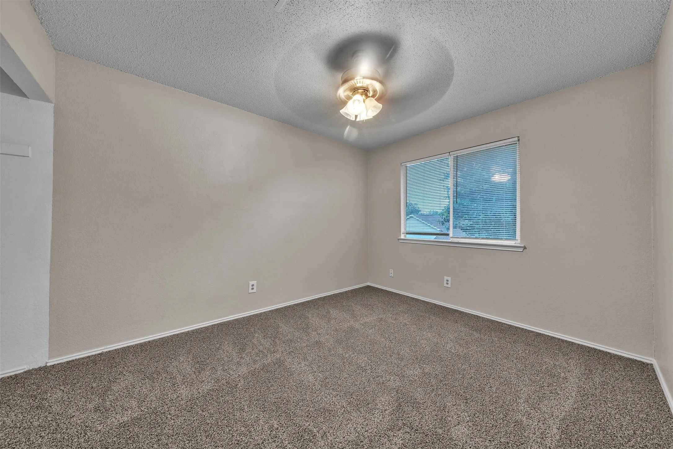 Bright room featuring neutral-toned walls, textured ceiling, and plush gray carpeting