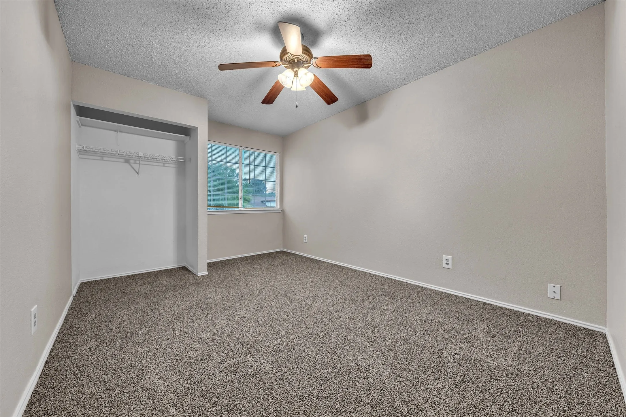 Carpeted room featuring a ceiling fan with light fixture, window with grid pattern, and an open closet with wire shelving