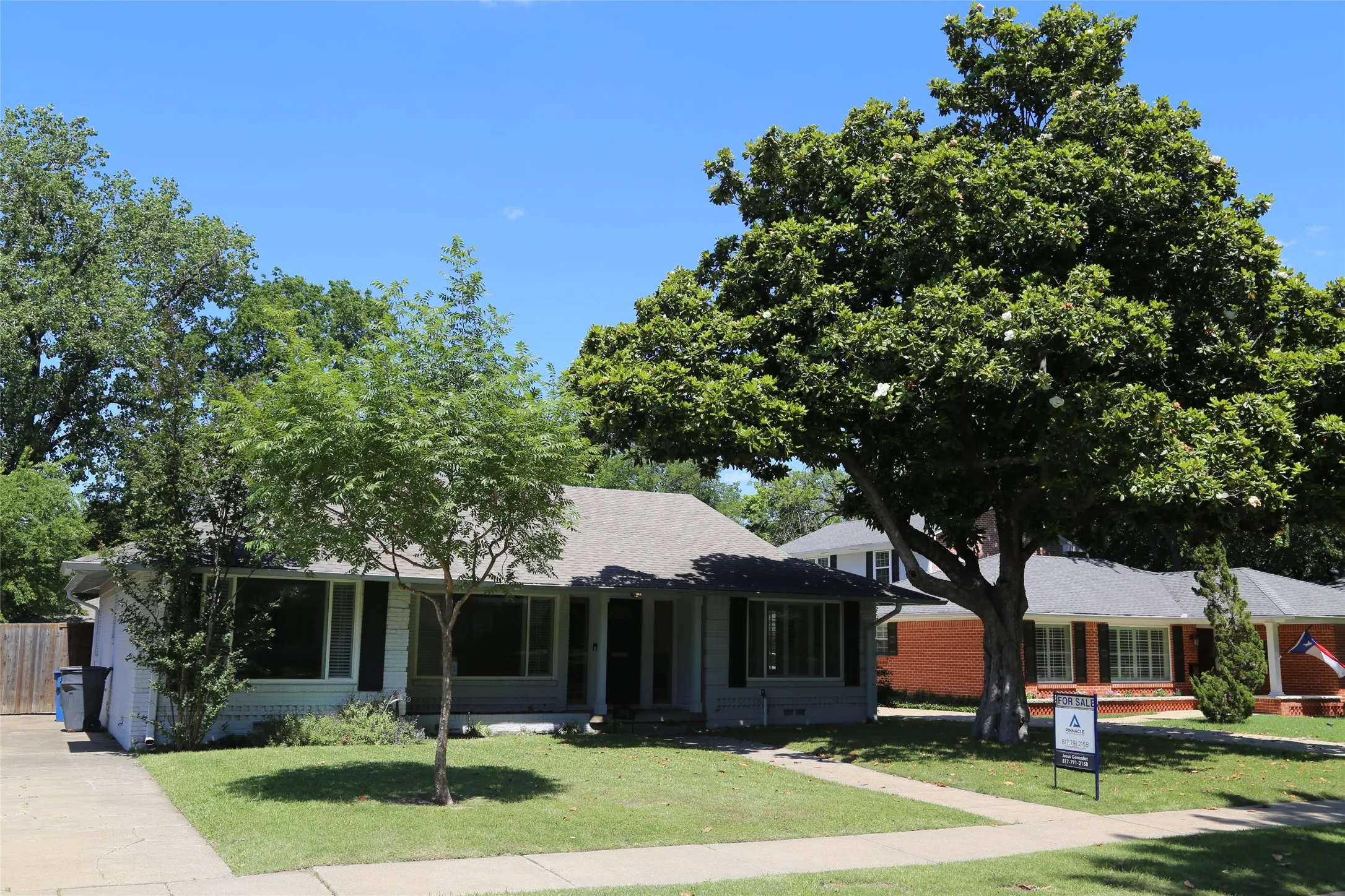 Single-story residence featuring a gray exterior, dark shingled roof, and a prominent mature tree in the front yard