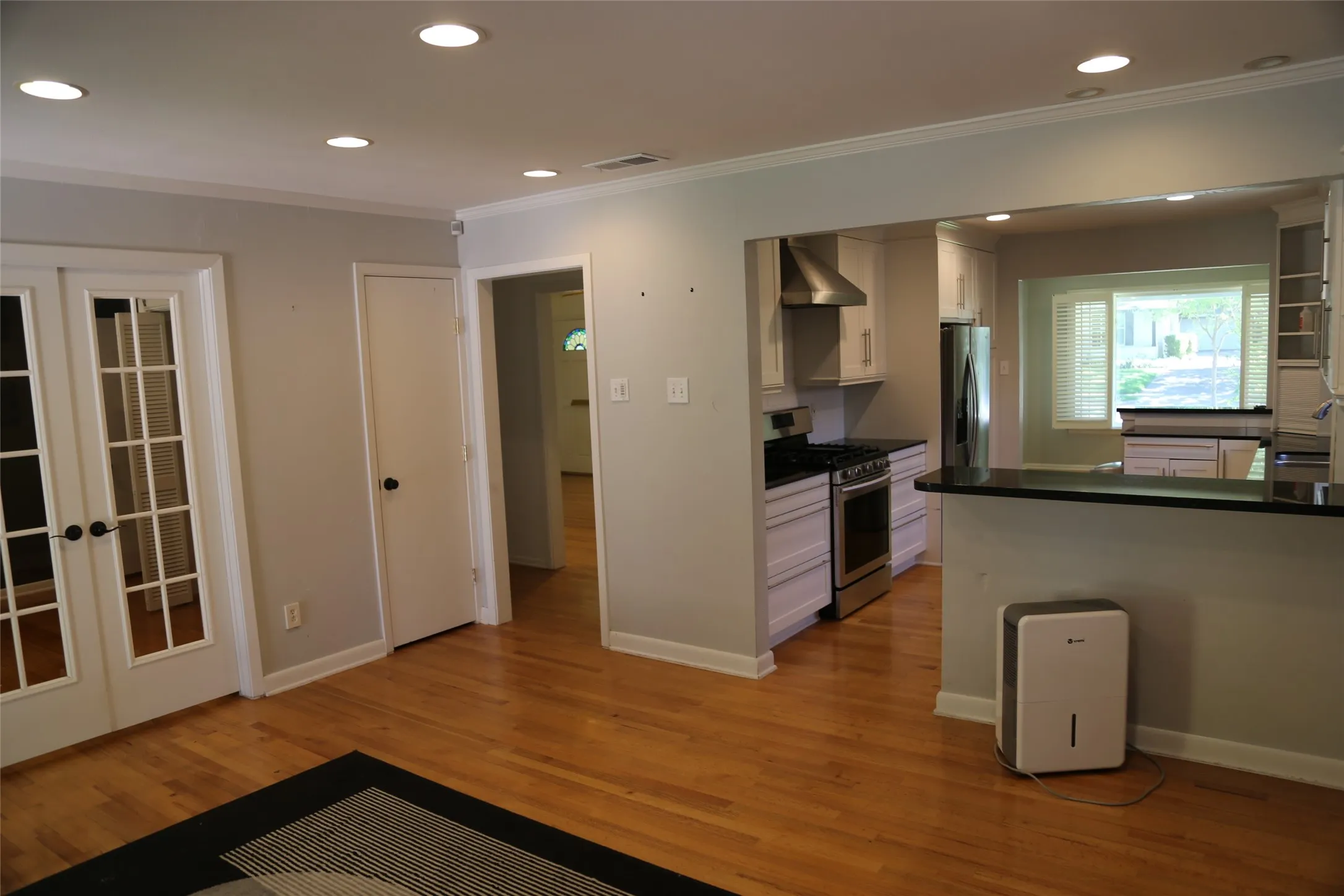 Open-concept living space featuring wood-finish flooring, recessed lighting, and light gray wall paint