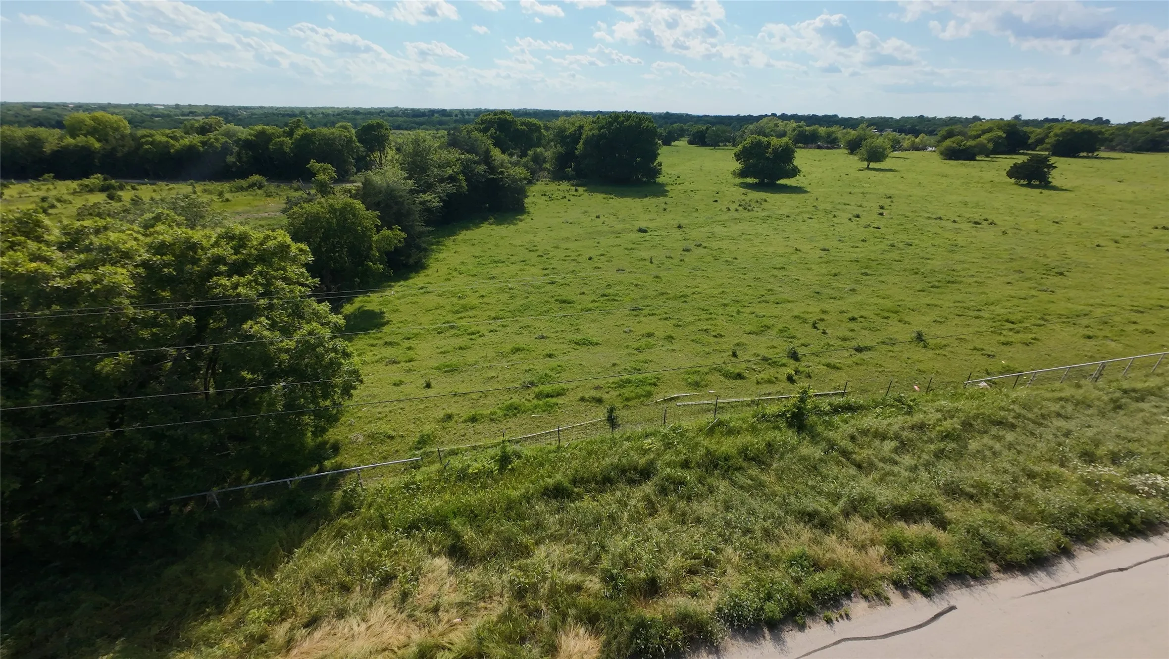 Expansive green pastureland featuring scattered mature trees and a perimeter fence