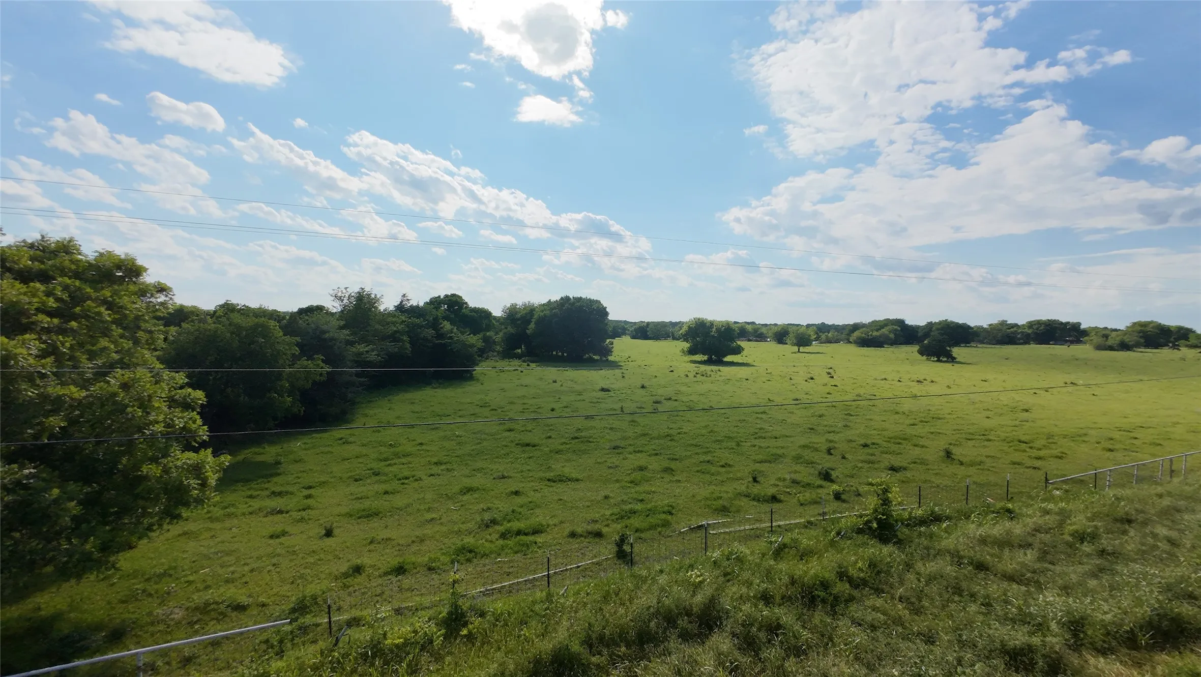 Expansive green pastures framed by distant tree lines
