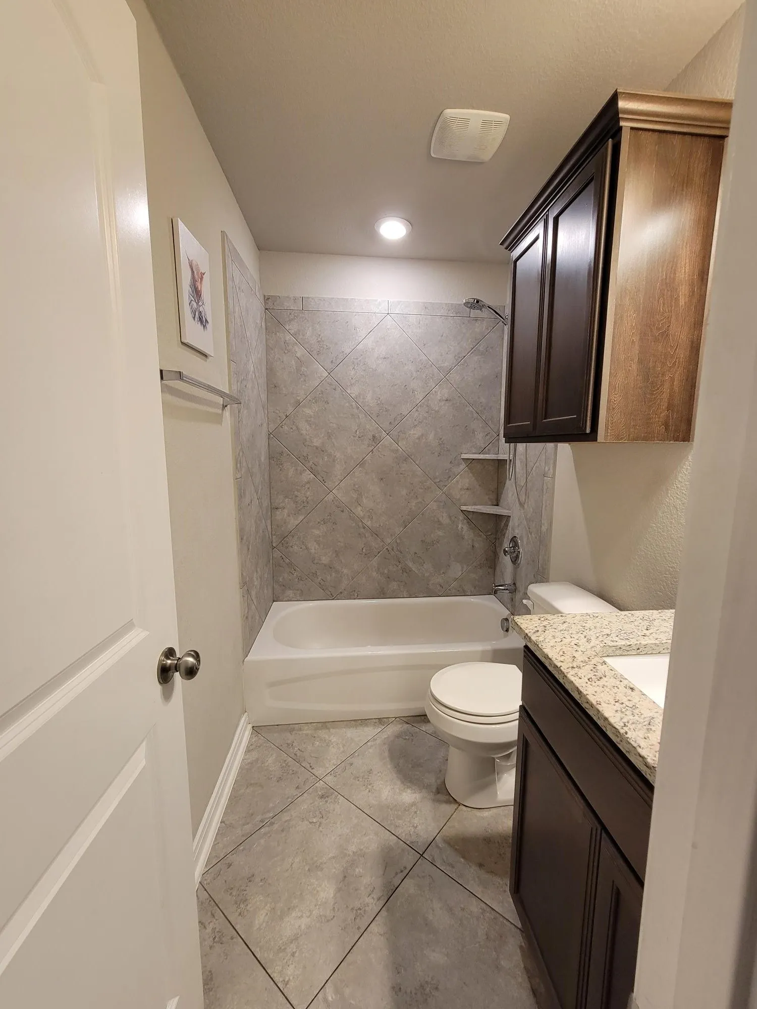 Full bathroom featuring a white tub, shower with gray tile surround, and a dark wood-finish vanity with a light granite-style countertop