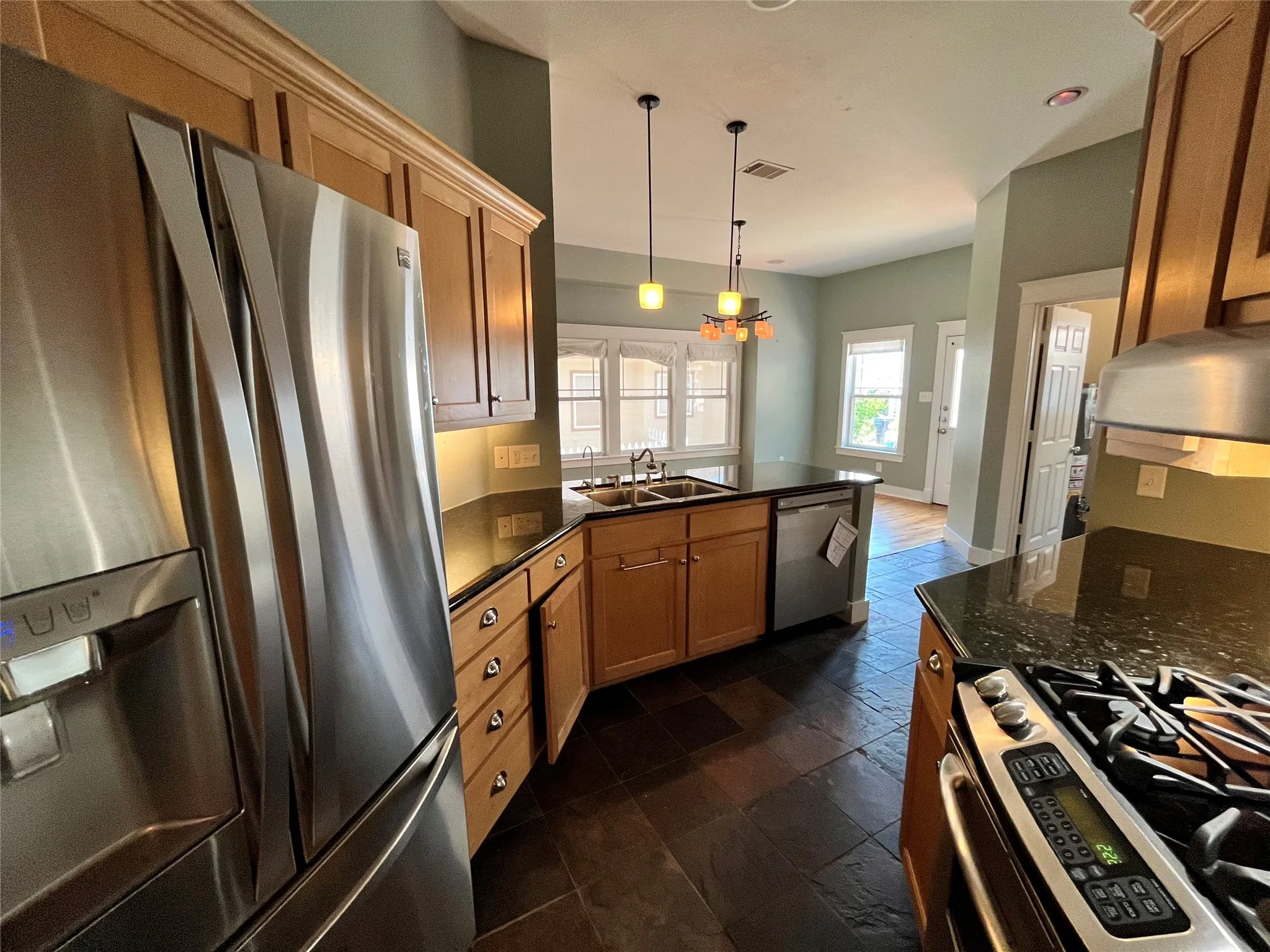 Close-up of the kitchen’s high-end stainless steel appliances.