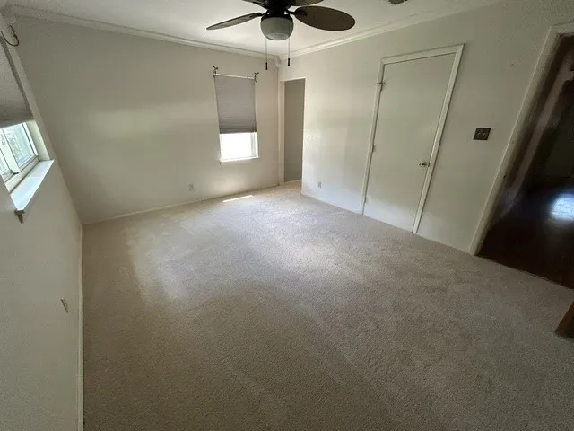 Carpeted room featuring a ceiling fan with light fixture, two windows with blinds, and white interior doors