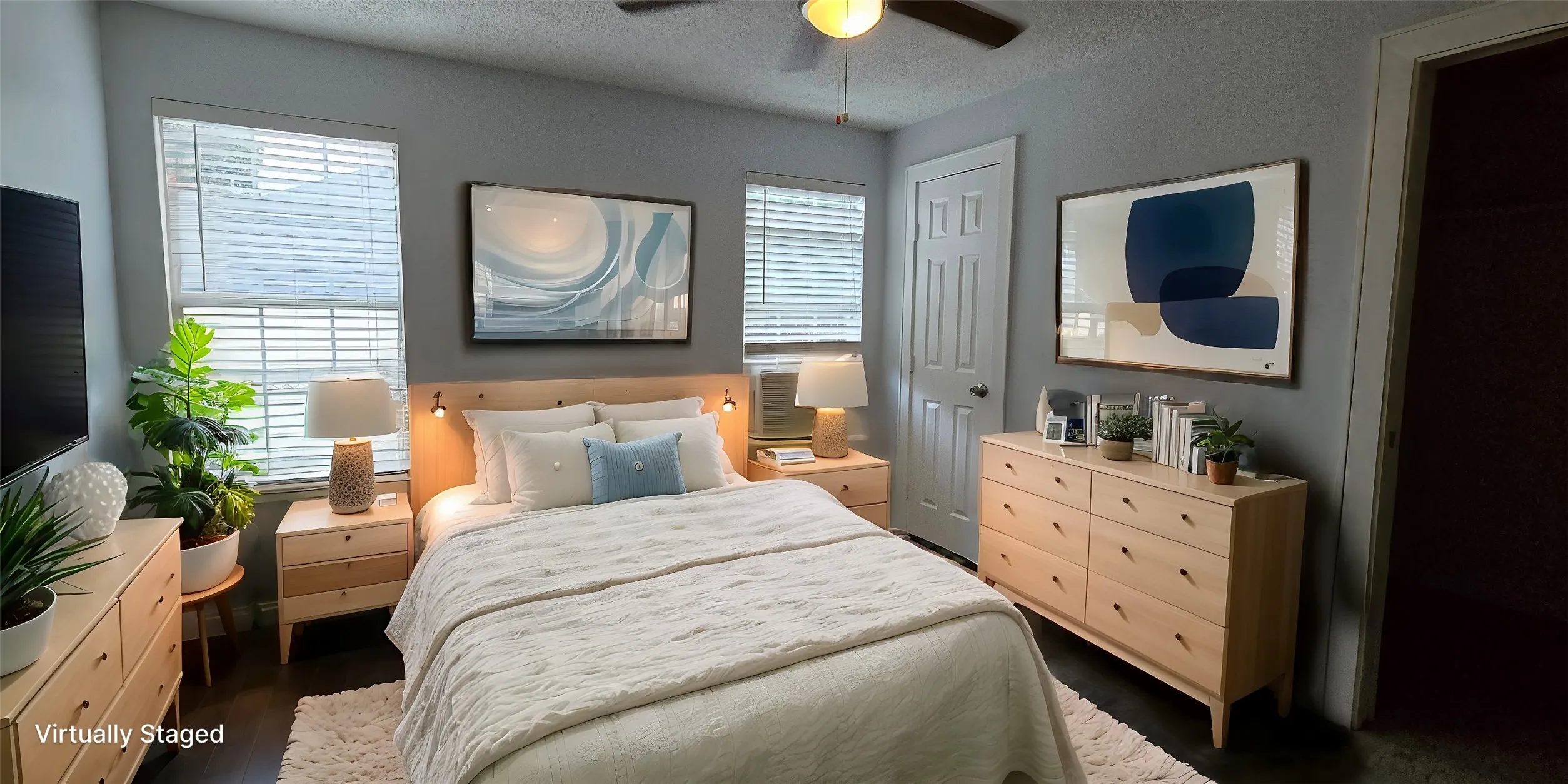 Bedroom featuring ceiling fan, cooling unit, a textured ceiling, dark hardwood / wood-style flooring, and a closet